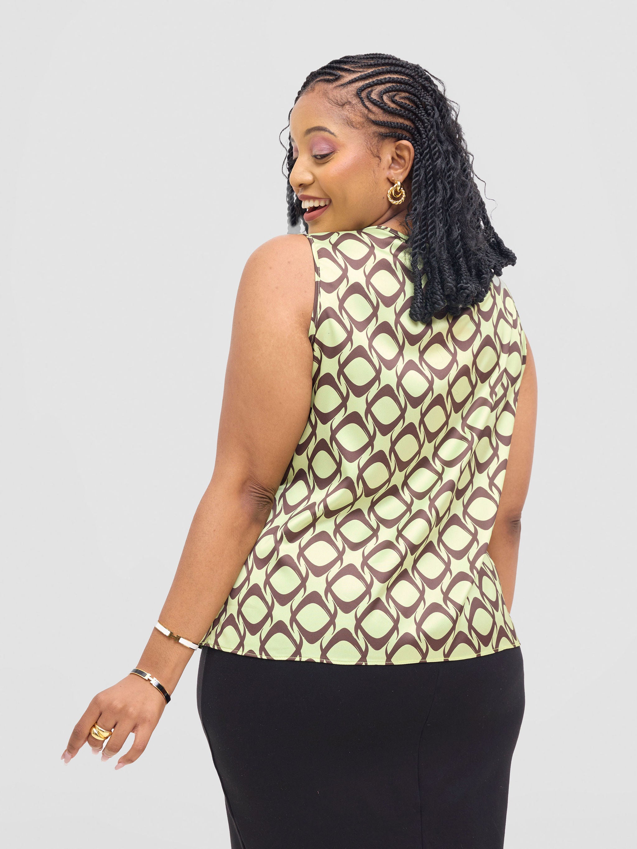 Vivo Isabi Cowl Top - Lime / Chocolate Tiki Print