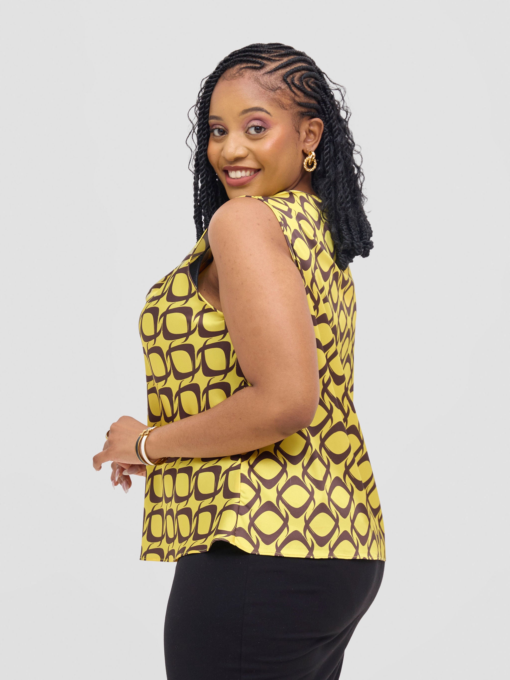 Vivo Isabi Cowl Top - Yellow / Chocolate Tiki Print