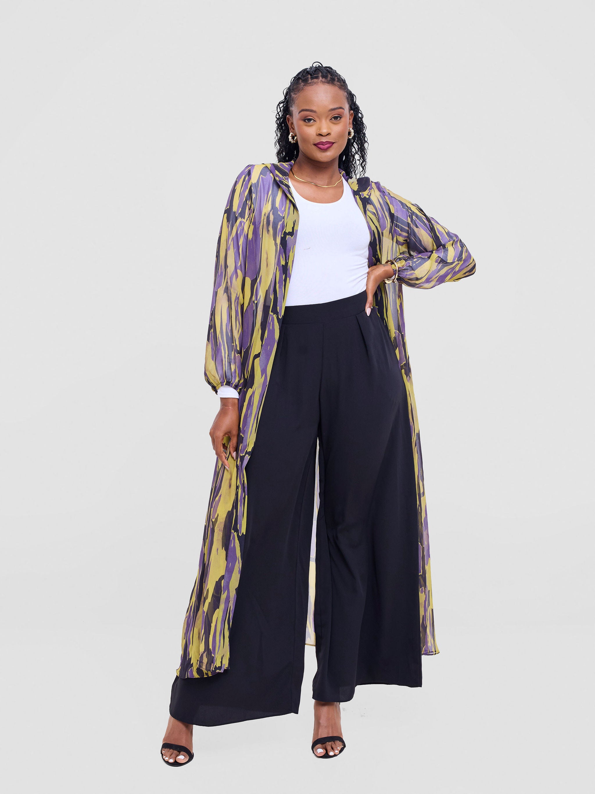 Vivo Basic Hooded Kimono - Mustard / Purple Print