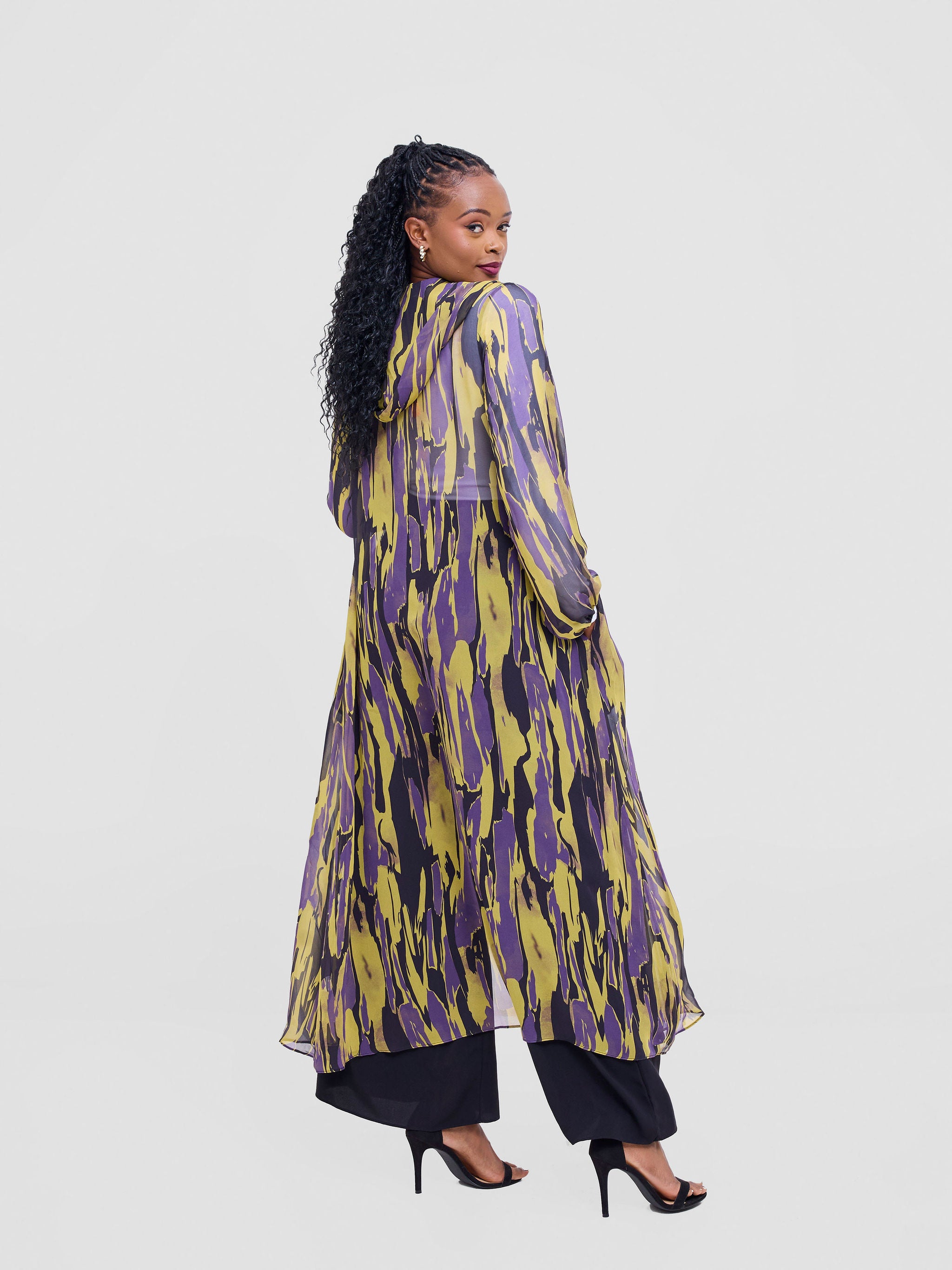 Vivo Basic Hooded Kimono - Mustard / Purple Print