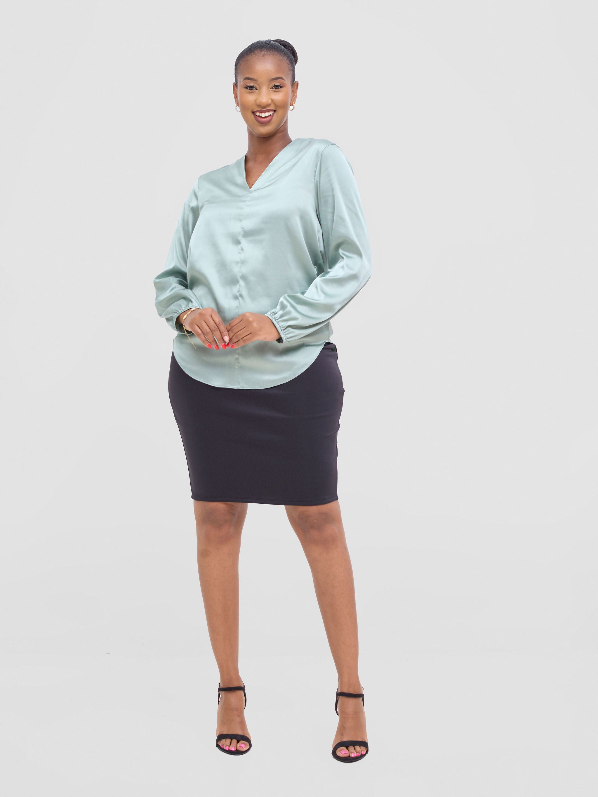 Vivo Dua Satin Bishop Sleeve Top - Dusty Green