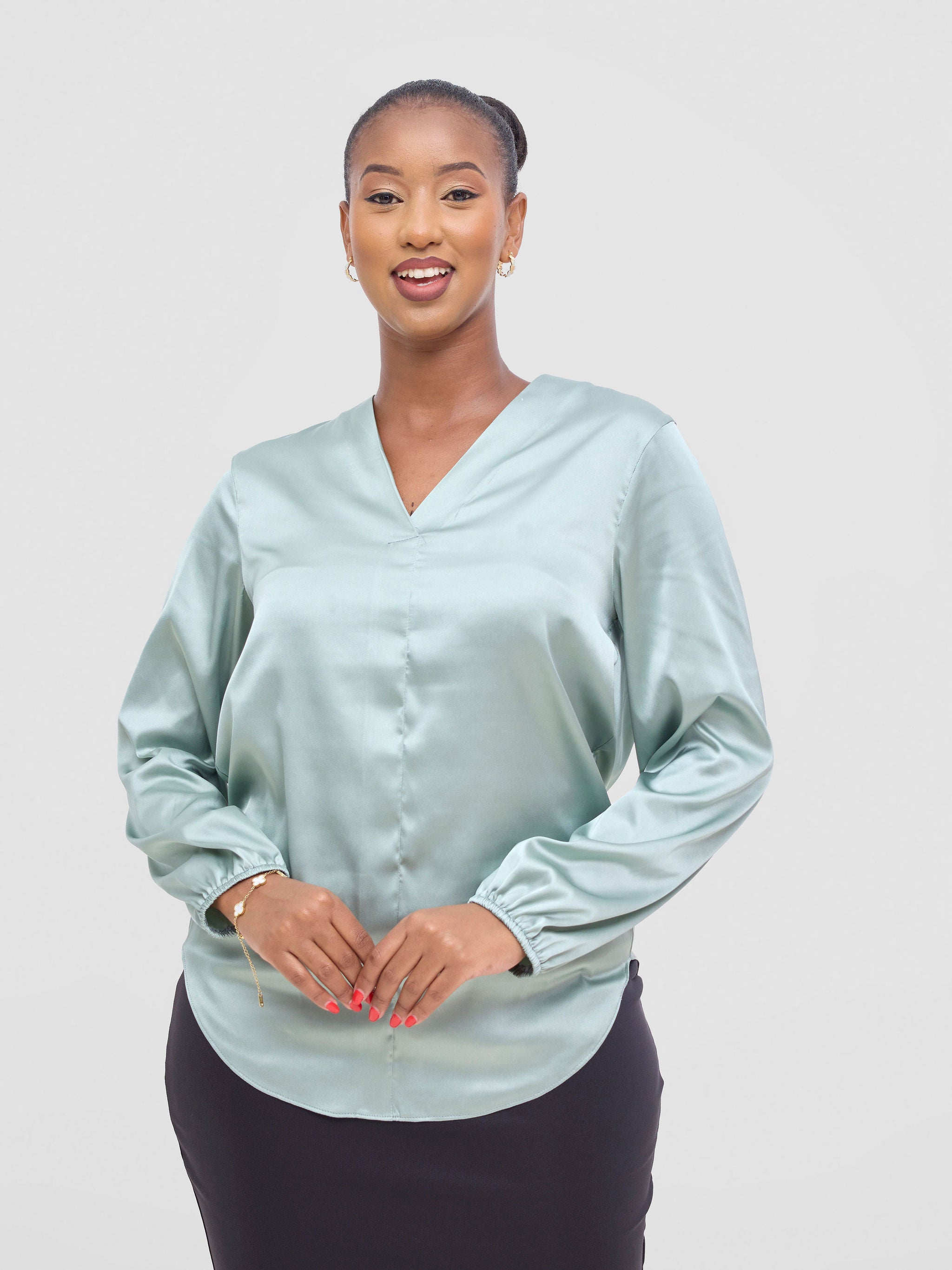 Vivo Dua Satin Bishop Sleeve Top - Dusty Green