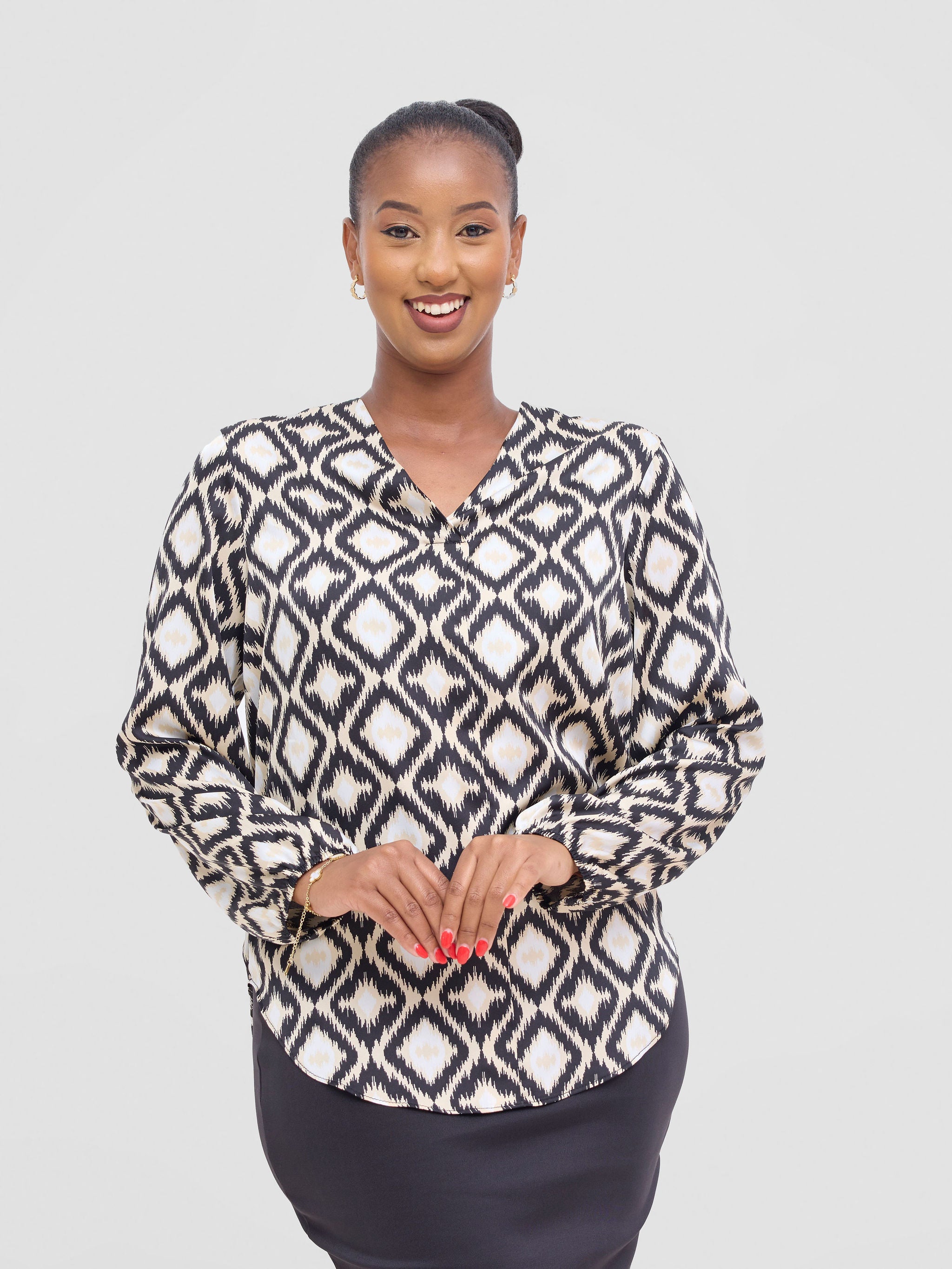 Vivo Dua Satin Bishop Sleeve Top - Beige / Black Ala Print