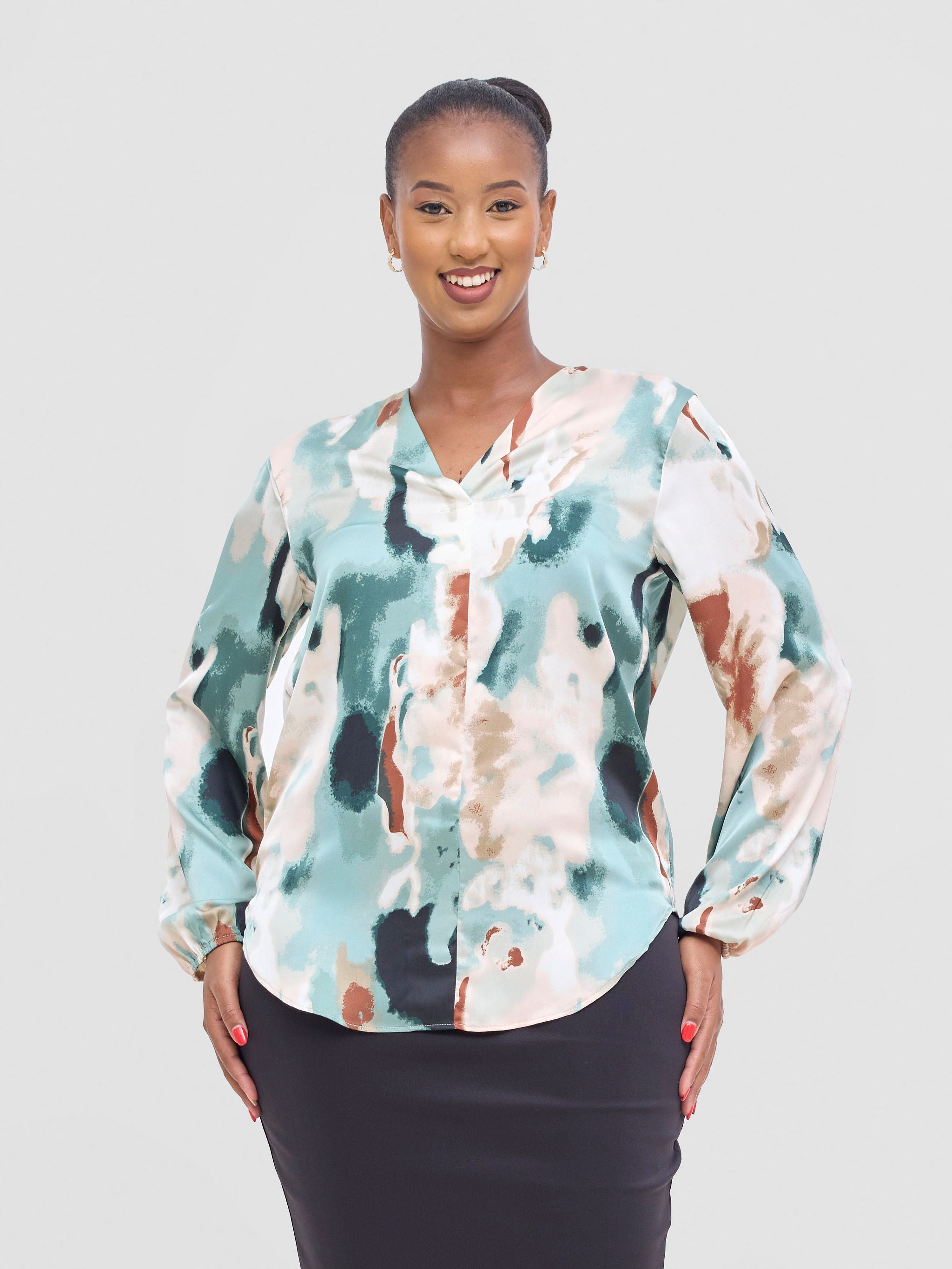 Vivo Dua Satin Bishop Sleeve Top - Cream / Light Green Print