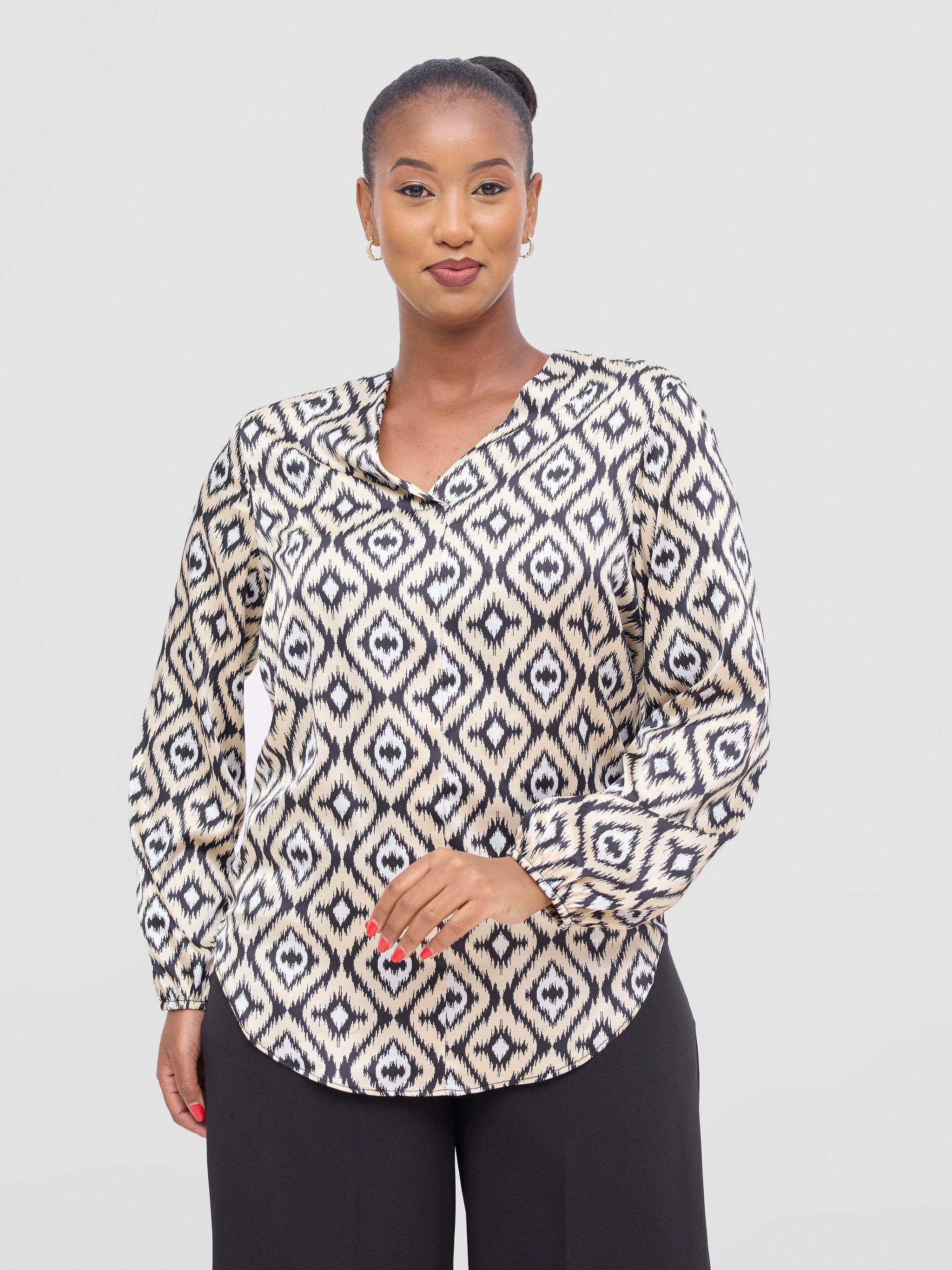Vivo Dua Satin Bishop Sleeve Top - Black / Beige Lai Print