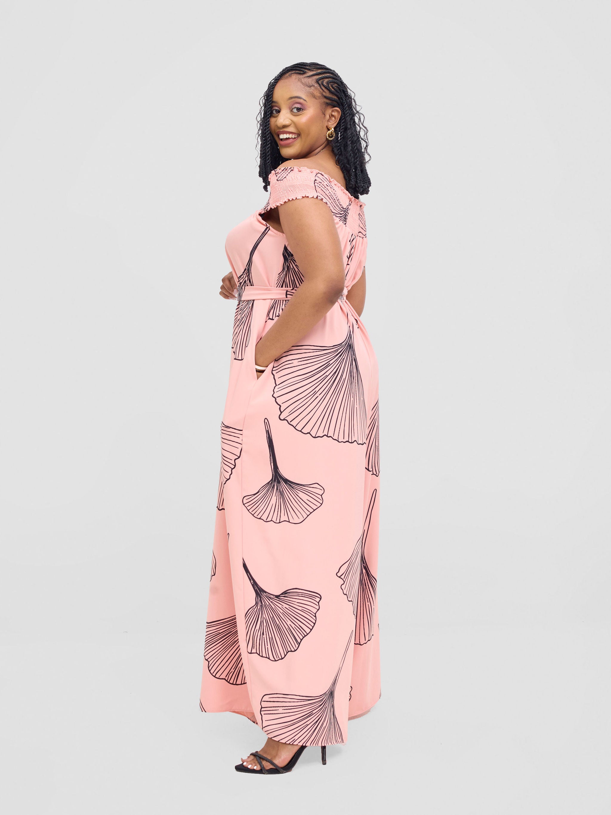 Vivo Alek Shirred Off- Shoulder Jumpsuit - Light Peach / Black Haro Print