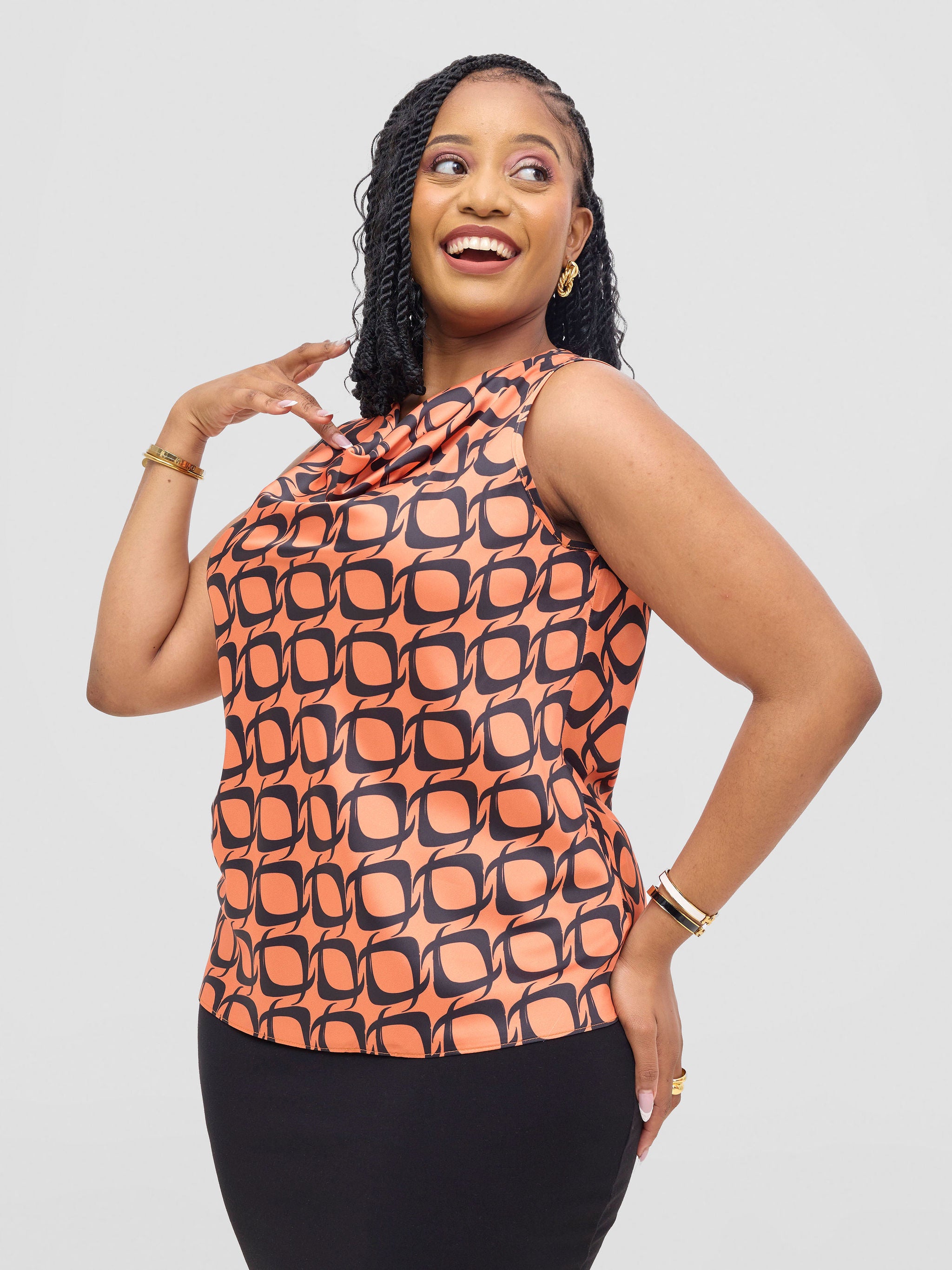 Vivo Isabi Cowl Top - Orange / Black Tiki Print