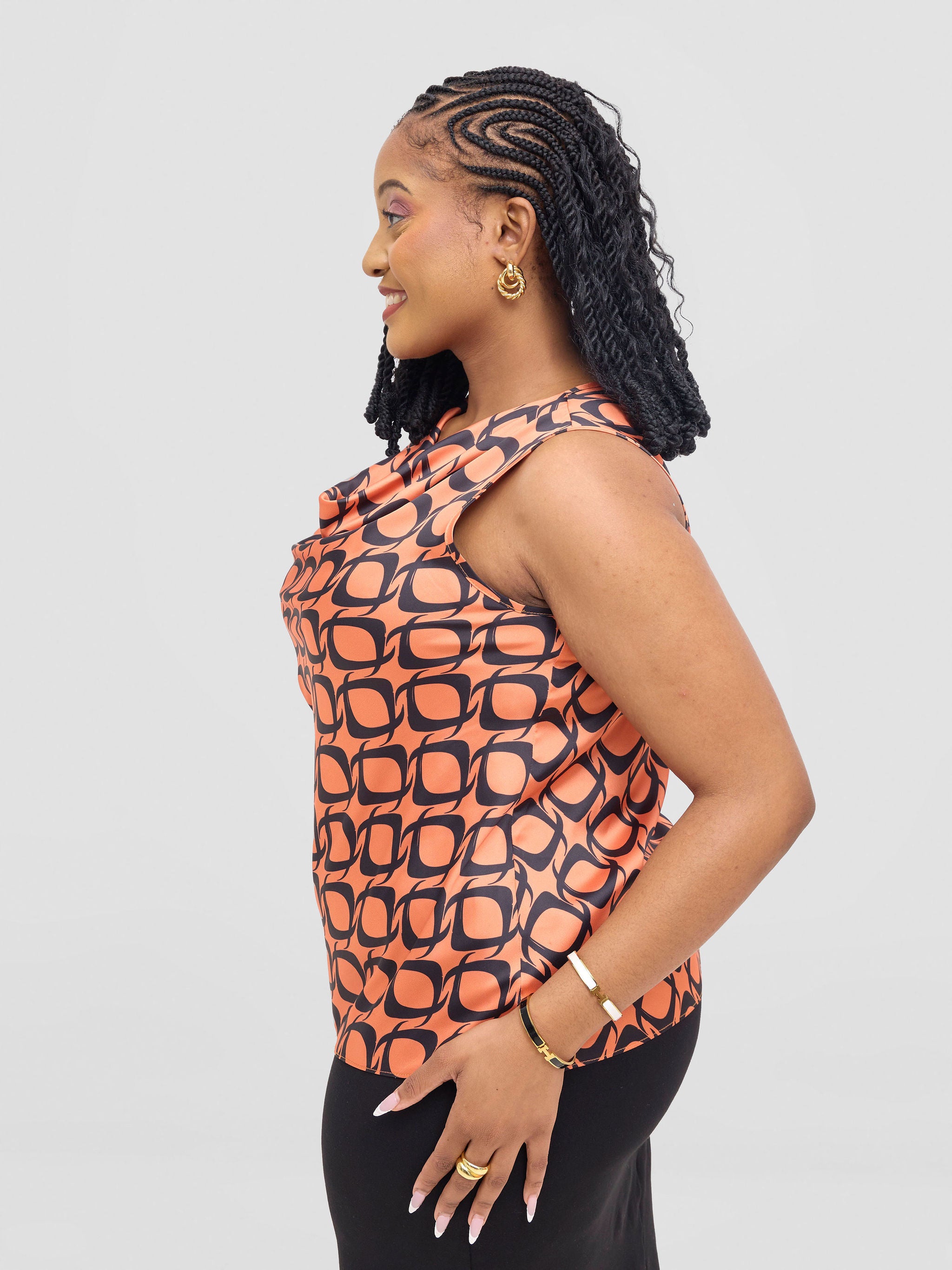 Vivo Isabi Cowl Top - Orange / Black Tiki Print