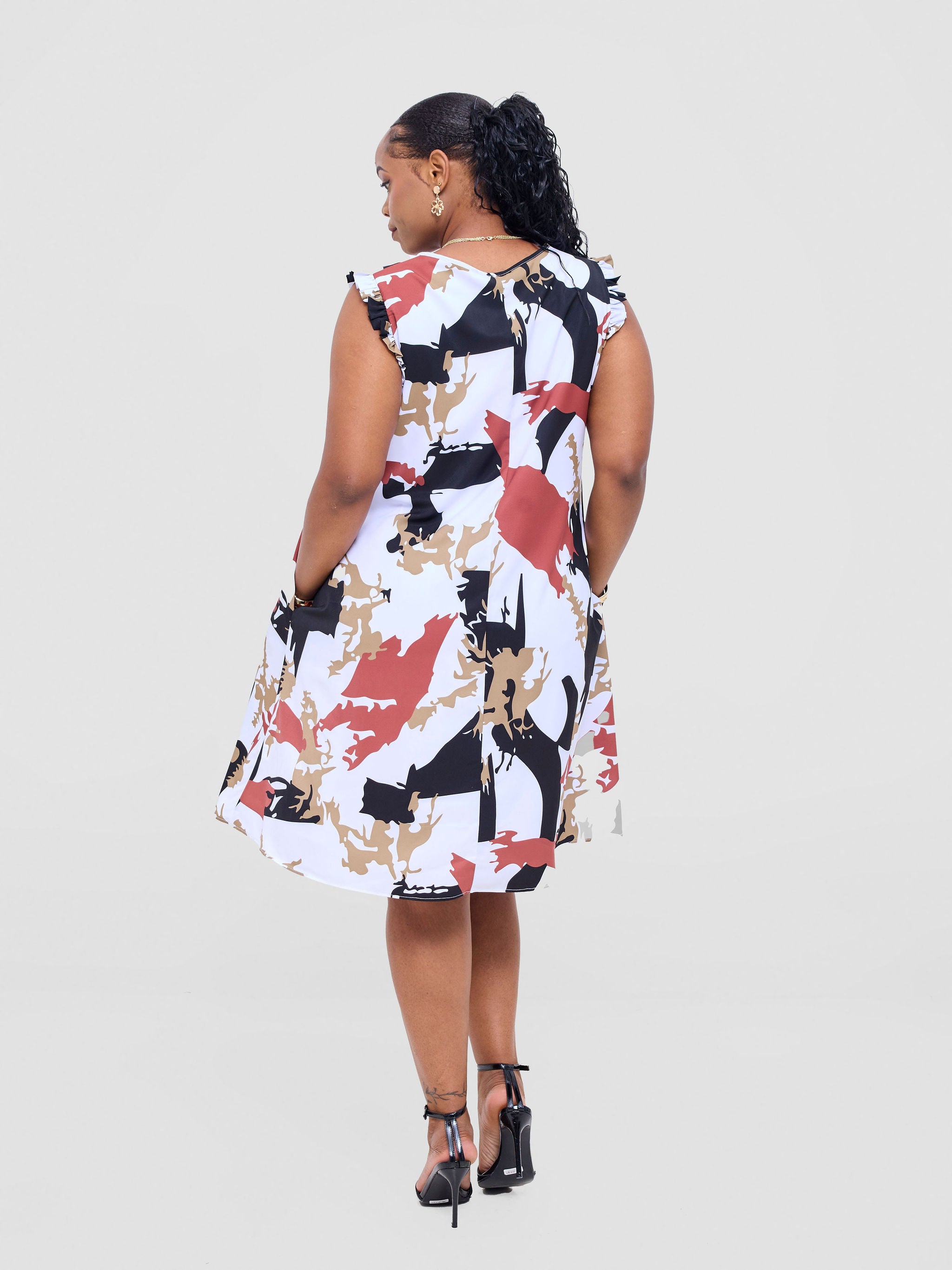 Vivo Ava Tent Knee Length Dress - White / Rust Nurra Print