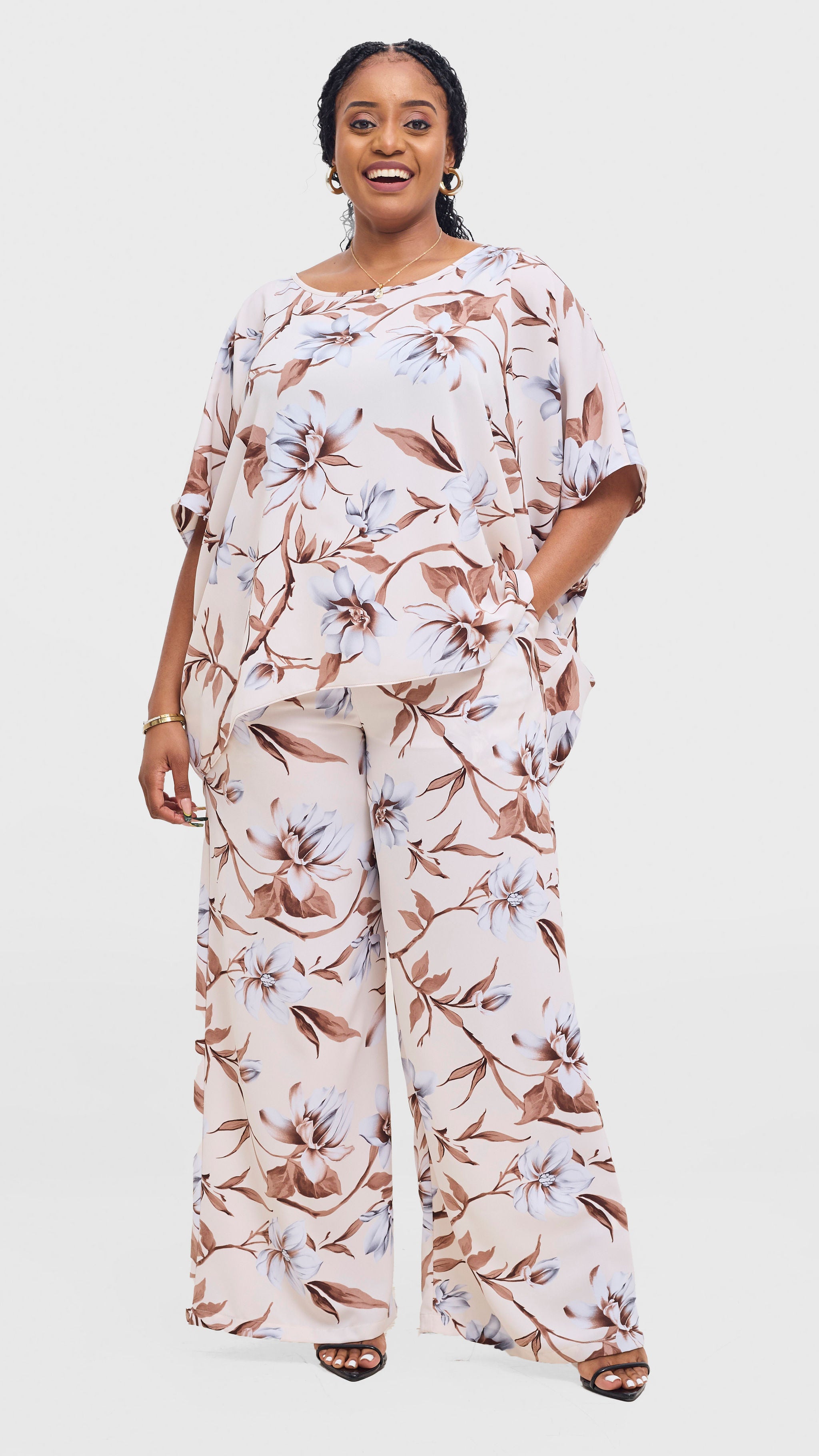 Vivo Maisha Top & Pant Set - Cream / Brown Print