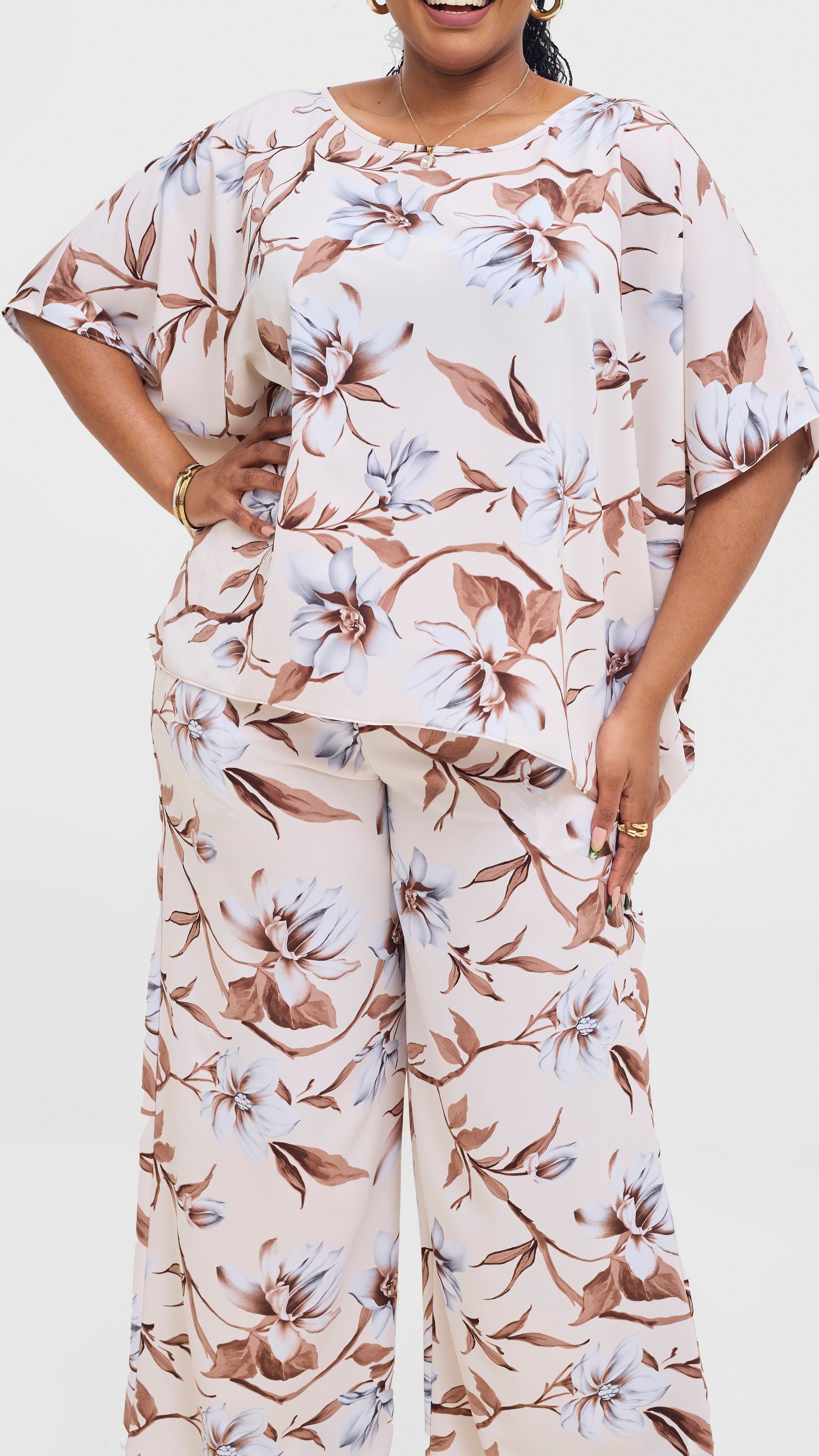 Vivo Maisha Top & Pant Set - Cream / Brown Print
