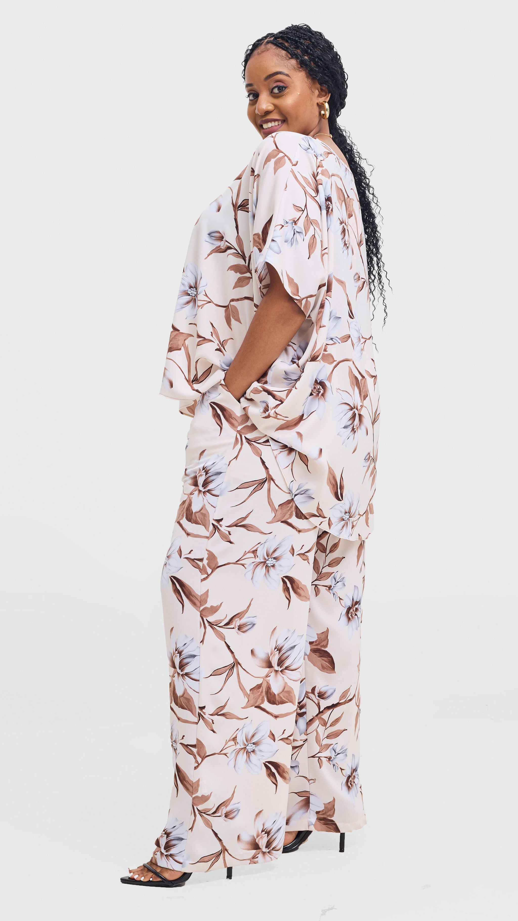 Vivo Maisha Top & Pant Set - Cream / Brown Print