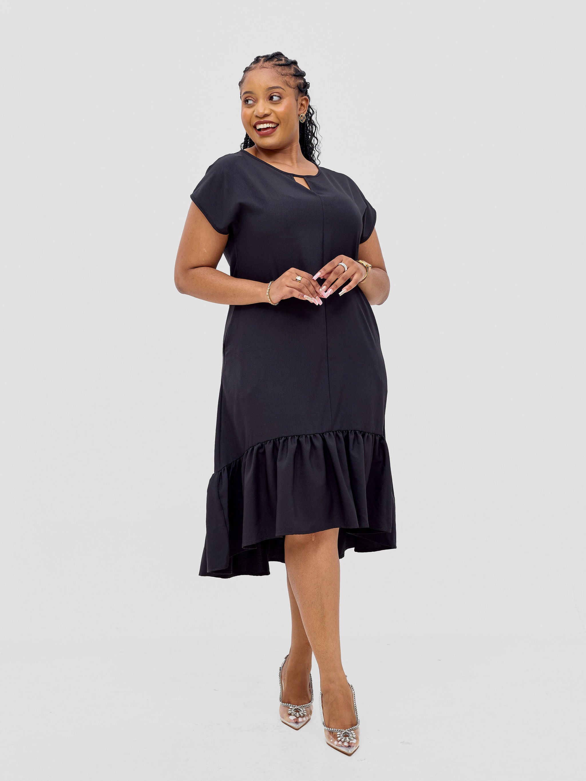Vivo Zahari Drop Shoulder High Low Dress - Black