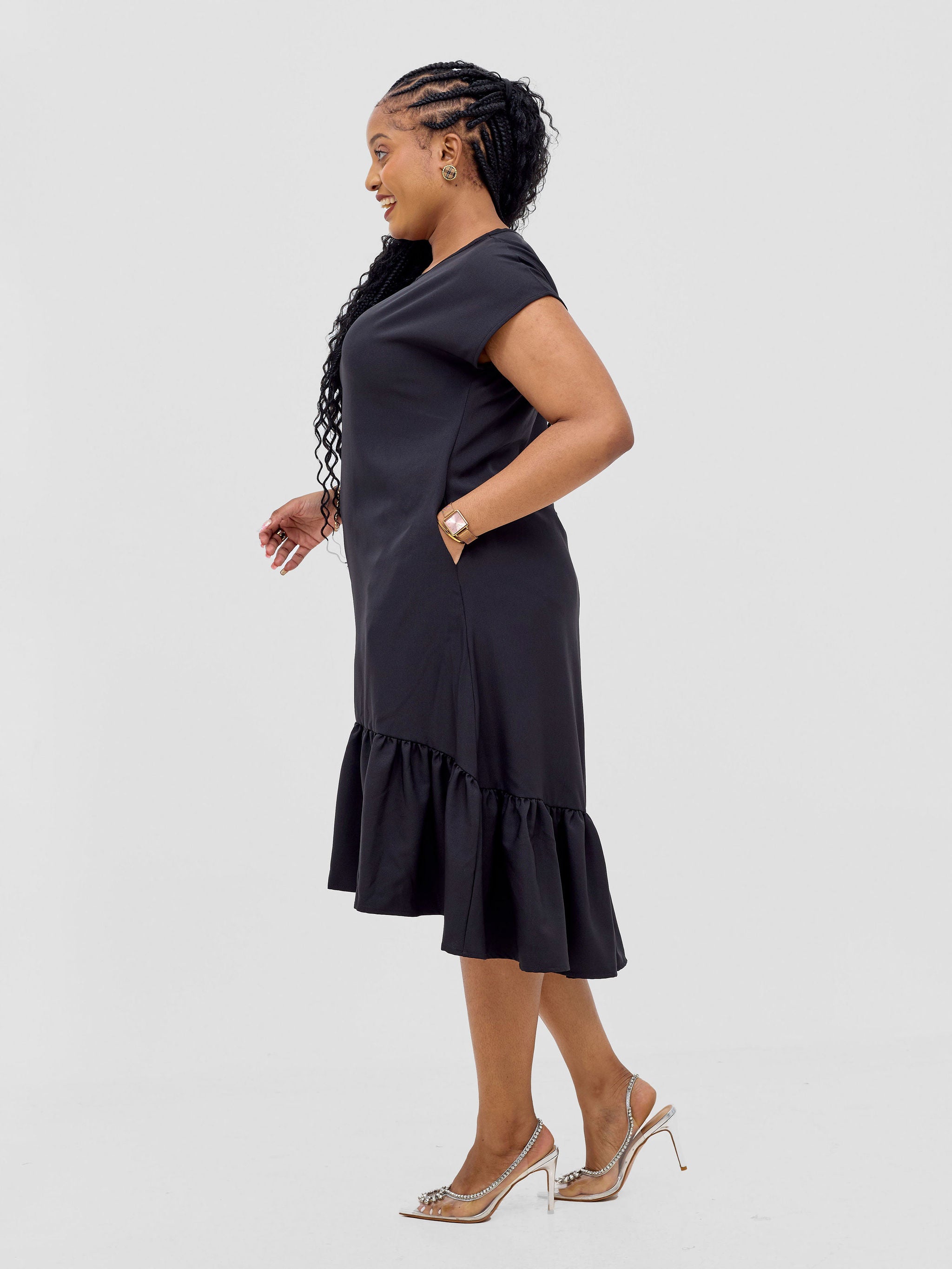 Vivo Zahari Drop Shoulder High Low Dress - Black