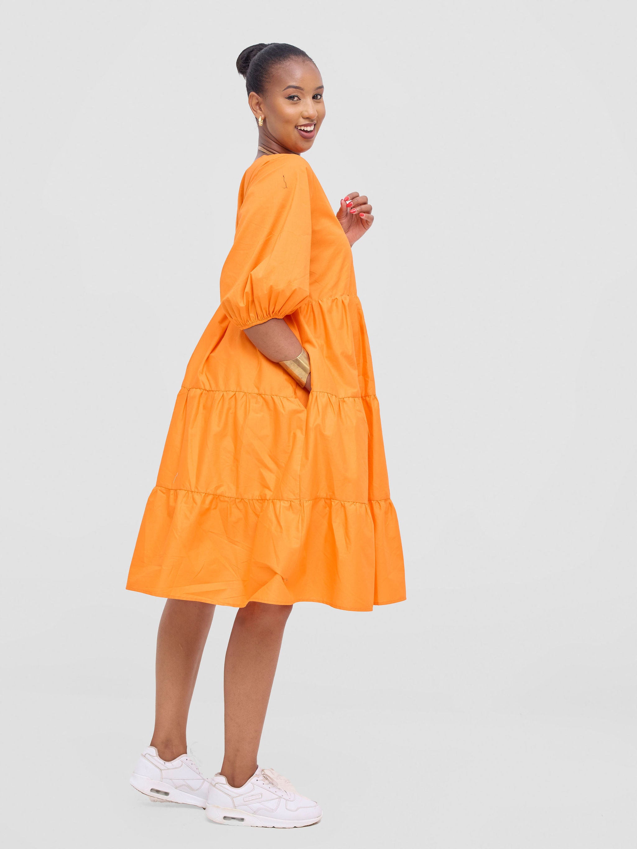 Safari Tawi Bishop Sleeve Tiered Dress - Orange