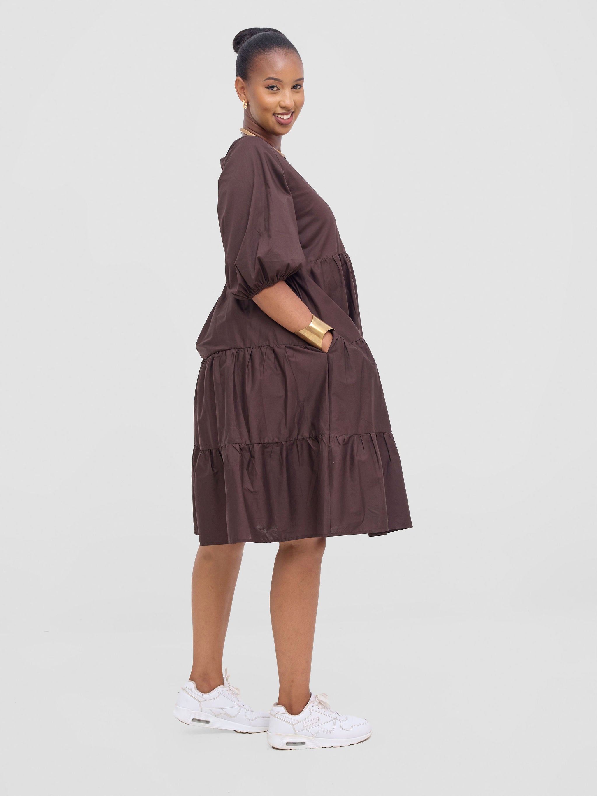 Safari Tawi Bishop Sleeve Tiered Dress - Chocolate