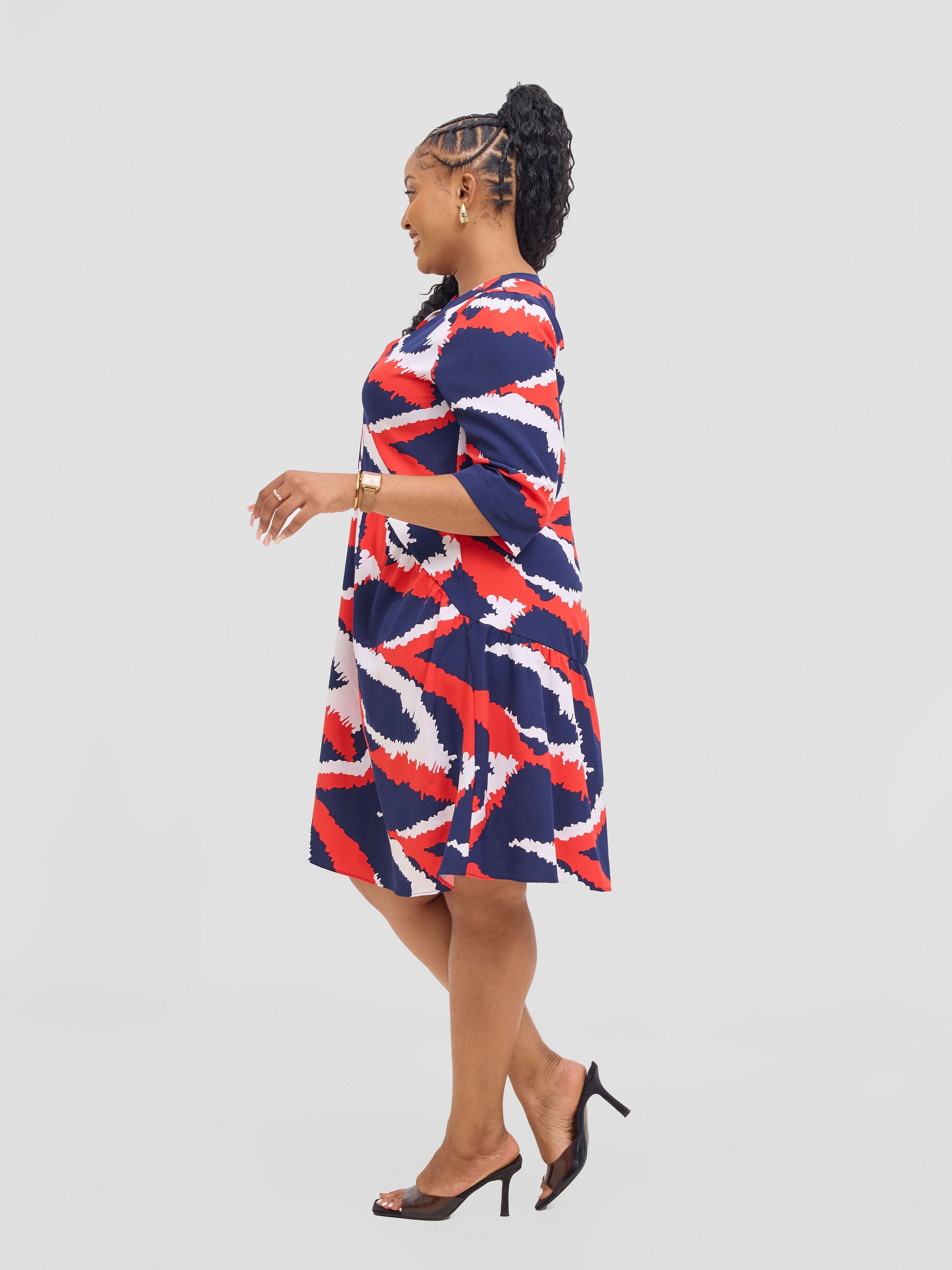 Vivo Reba Gathered Dress - Red / Navy Eba Print