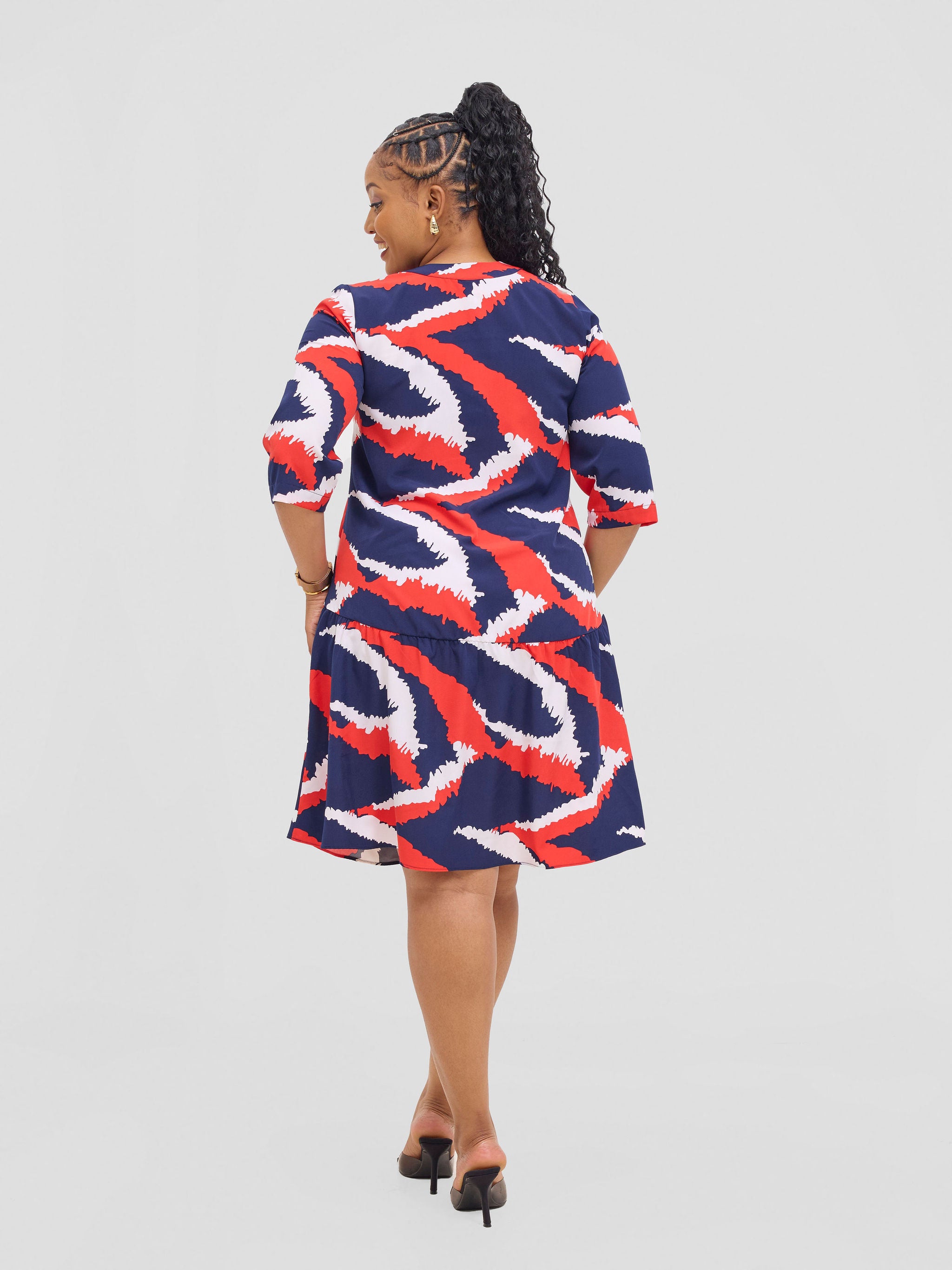 Vivo Reba Gathered Dress - Red / Navy Eba Print