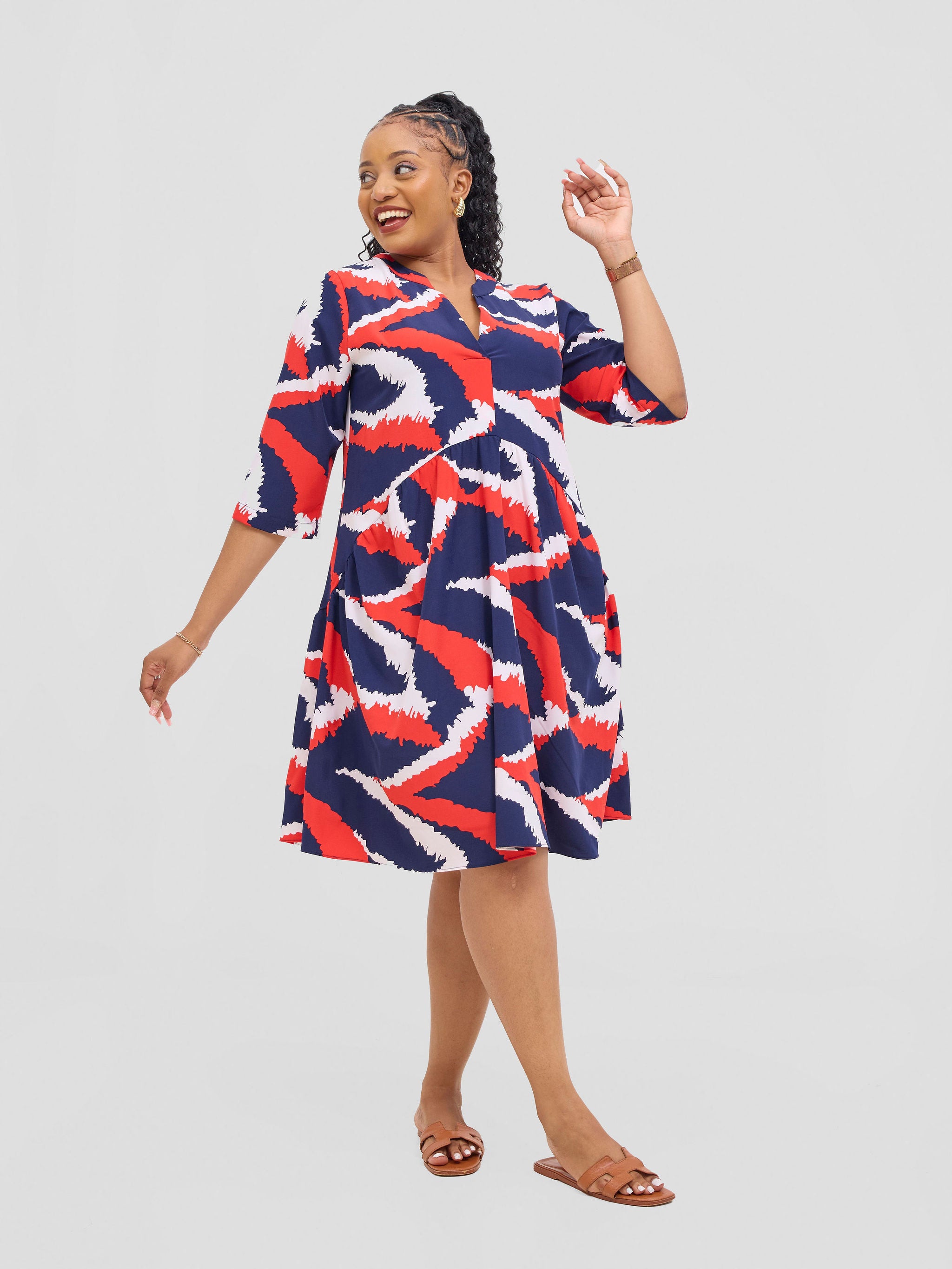 Vivo Reba Gathered Dress - Red / Navy Eba Print