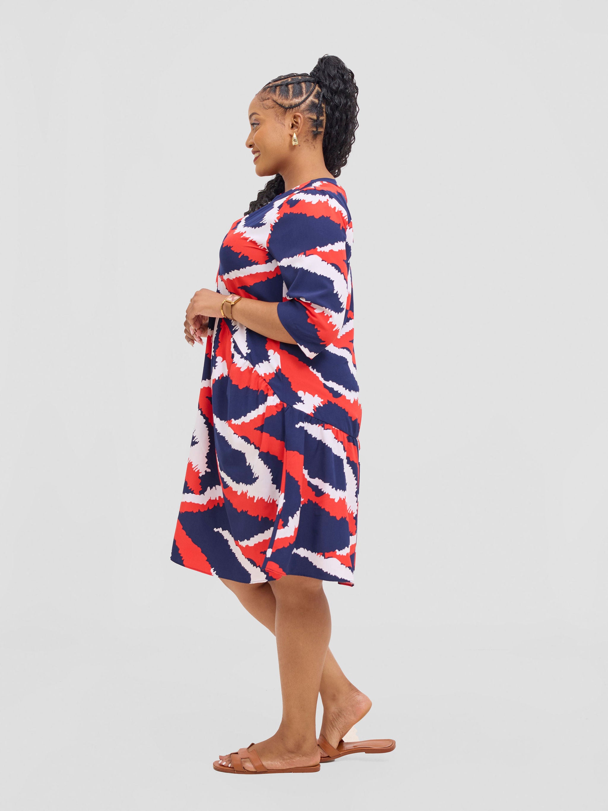 Vivo Reba Gathered Dress - Red / Navy Eba Print