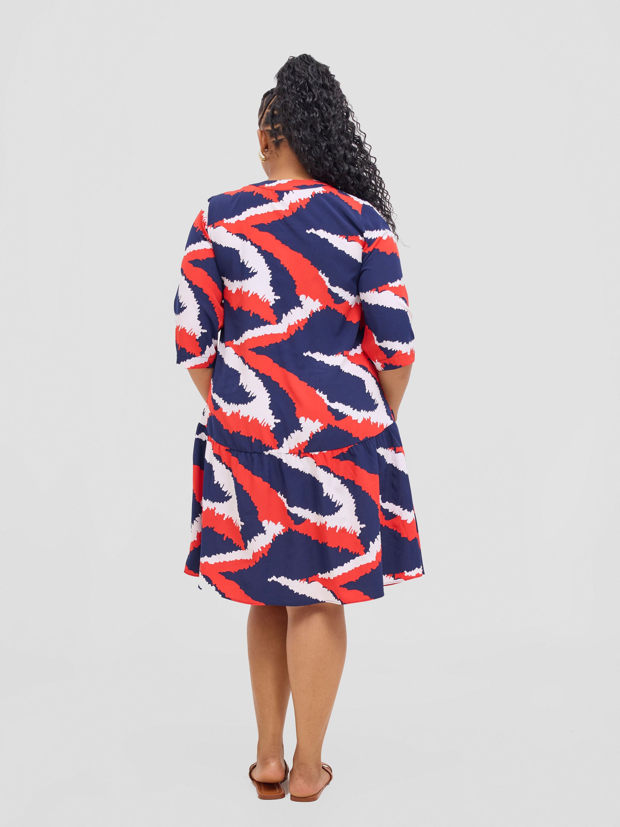 Vivo Reba Gathered Dress - Red / Navy Eba Print