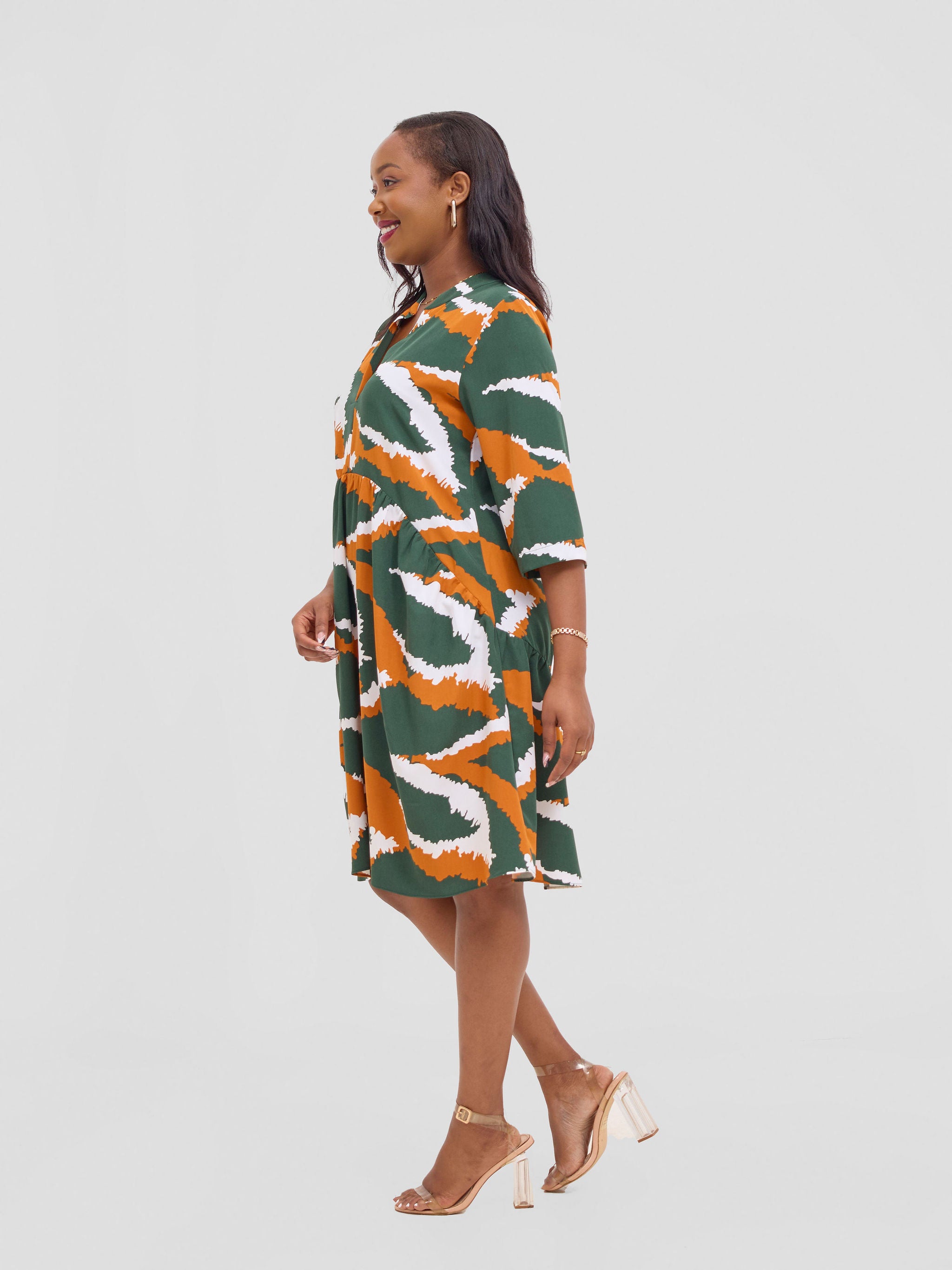 Vivo Reba Gathered Dress - Green / Mustard Eba Print