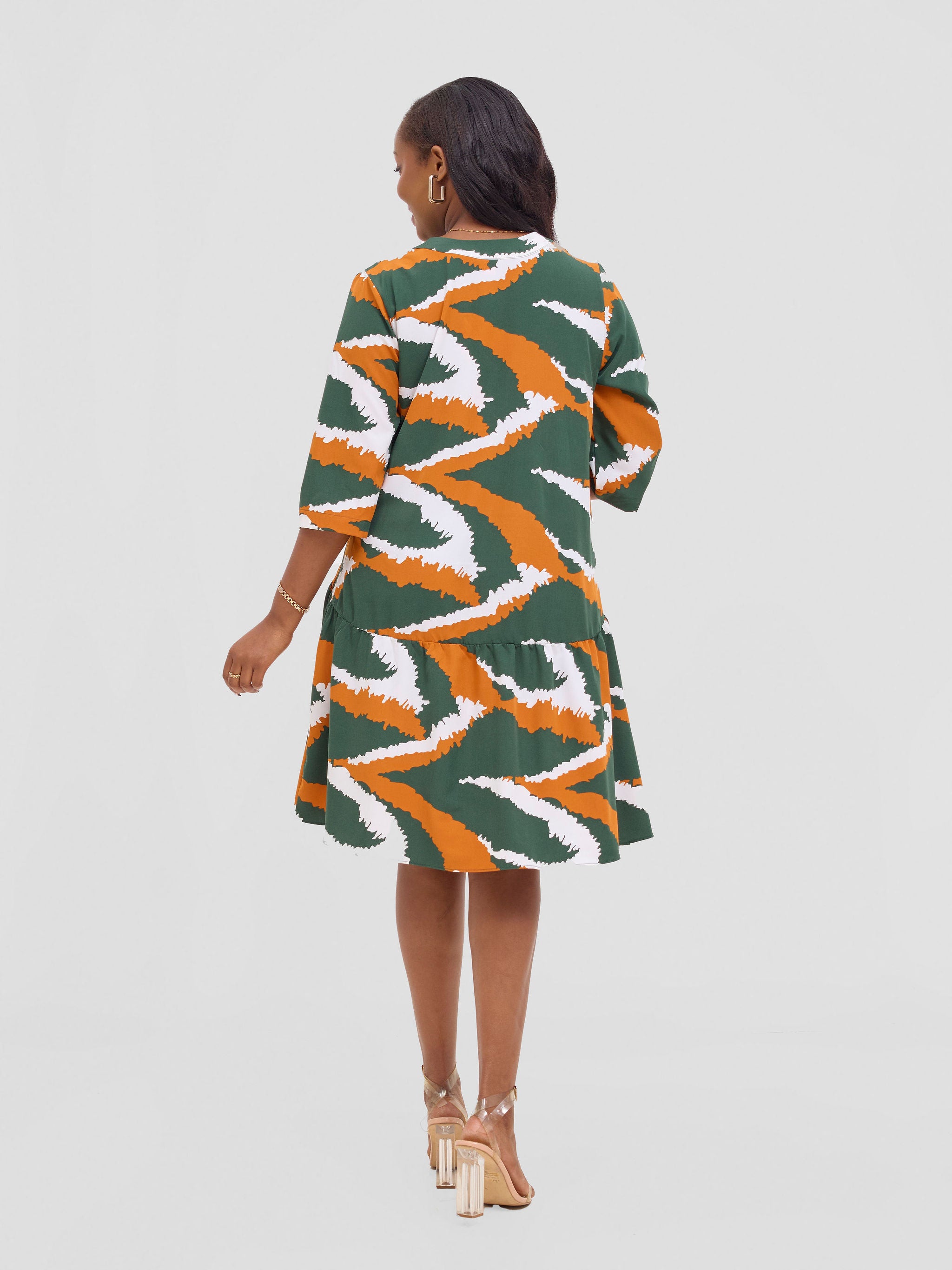 Vivo Reba Gathered Dress - Green / Mustard Eba Print