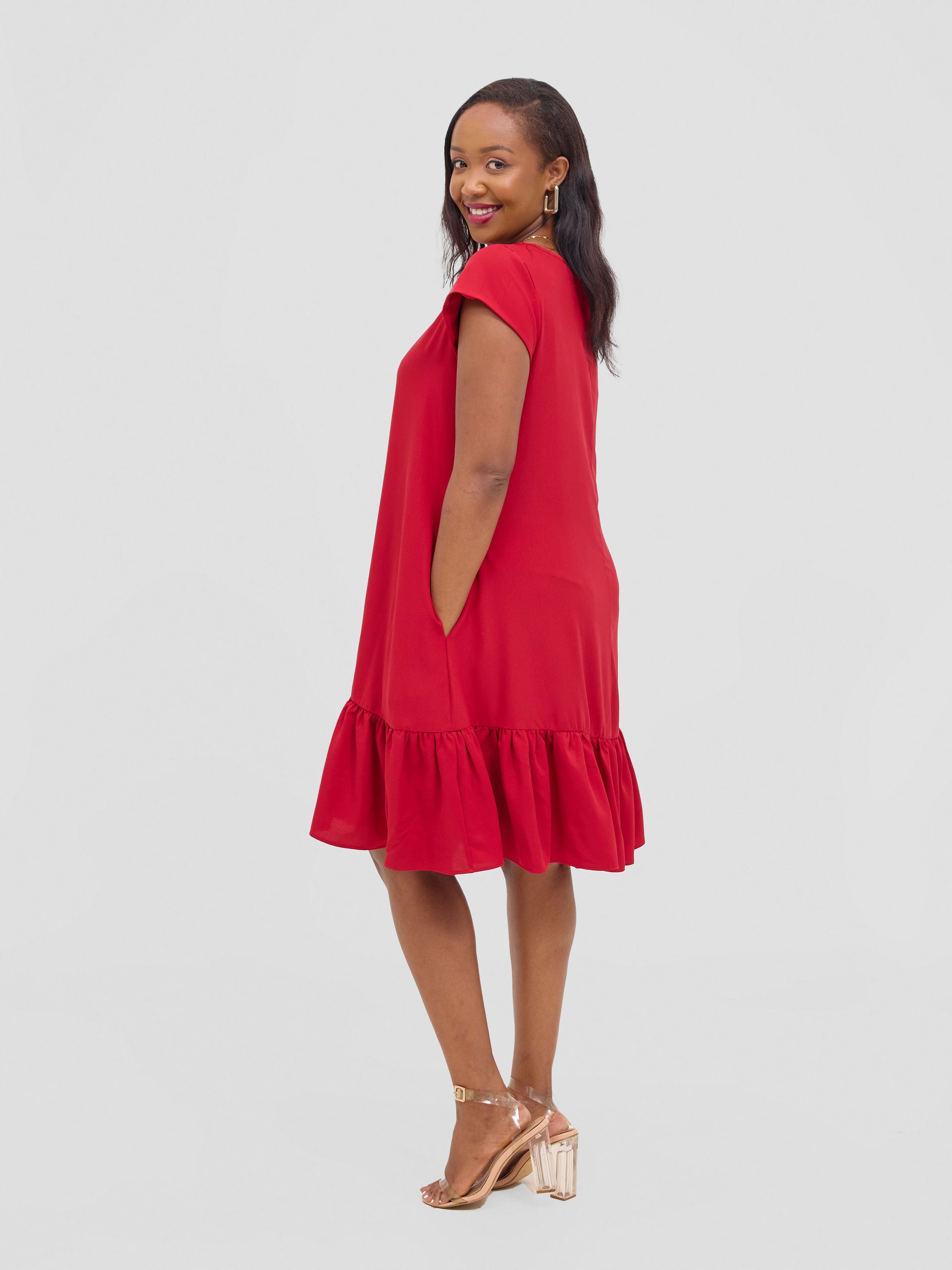 Vivo Dalia Cap Sleeve Gathered Tent Dress - Red