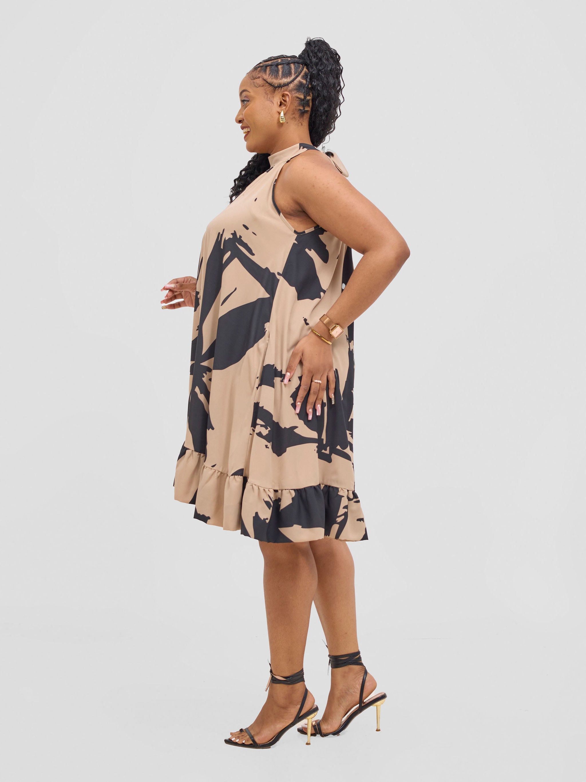 Vivo Beali Baby Doll Dress - Taupe / Black Lea Print