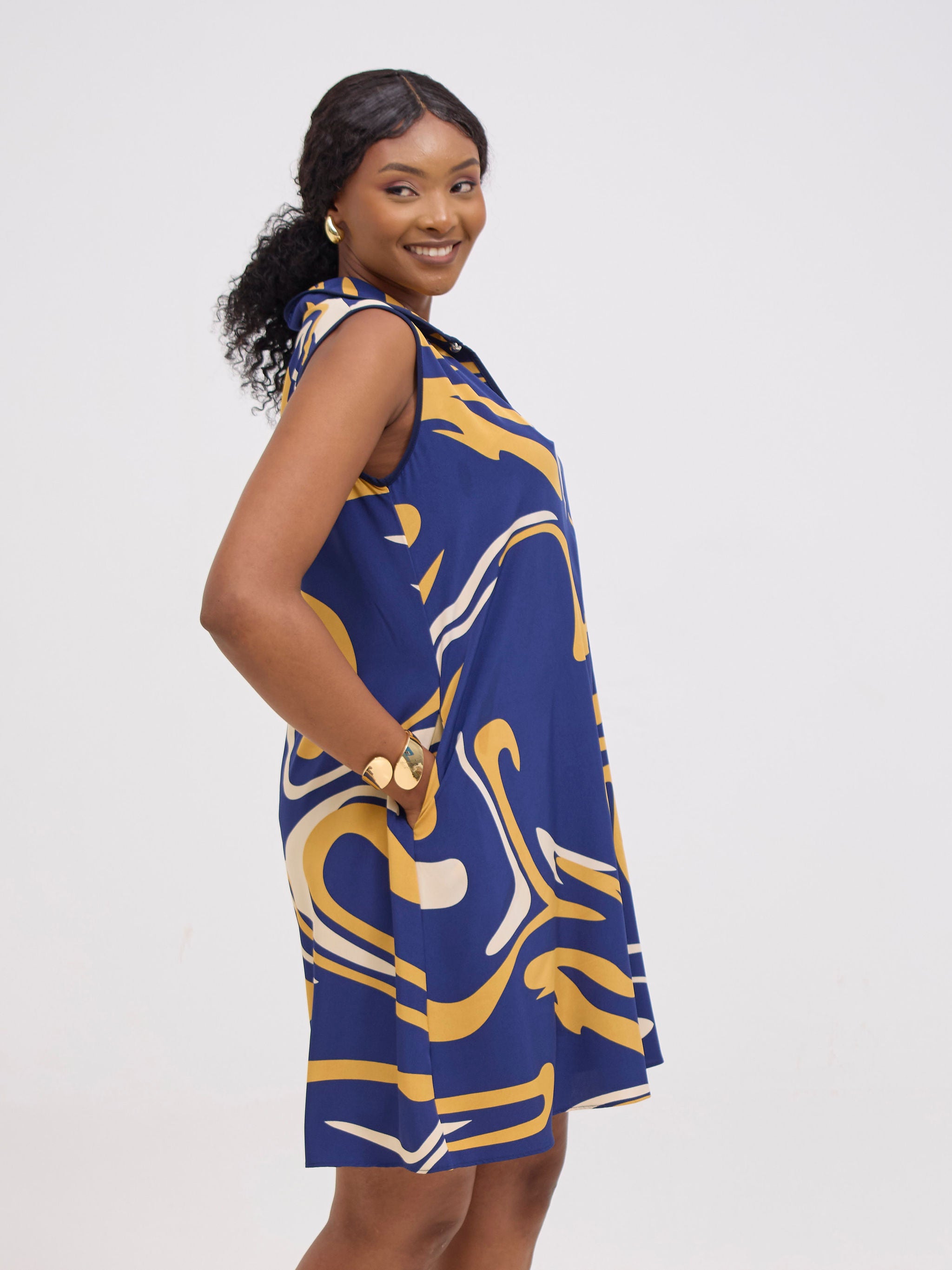 Vivo Asha Sleeveless Knee Length Dress - Cream / Navy Print