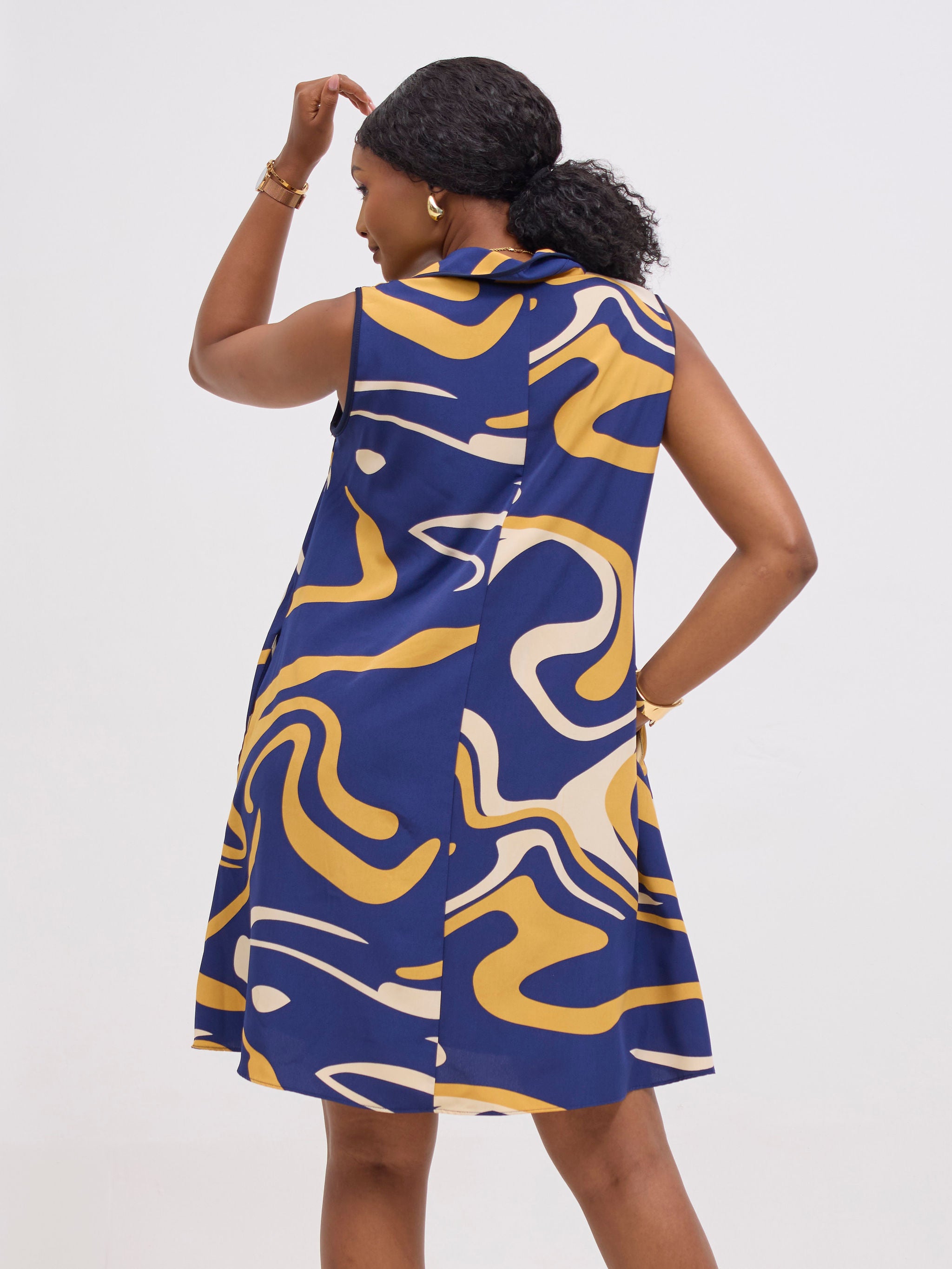 Vivo Asha Sleeveless Knee Length Dress - Cream / Navy Print