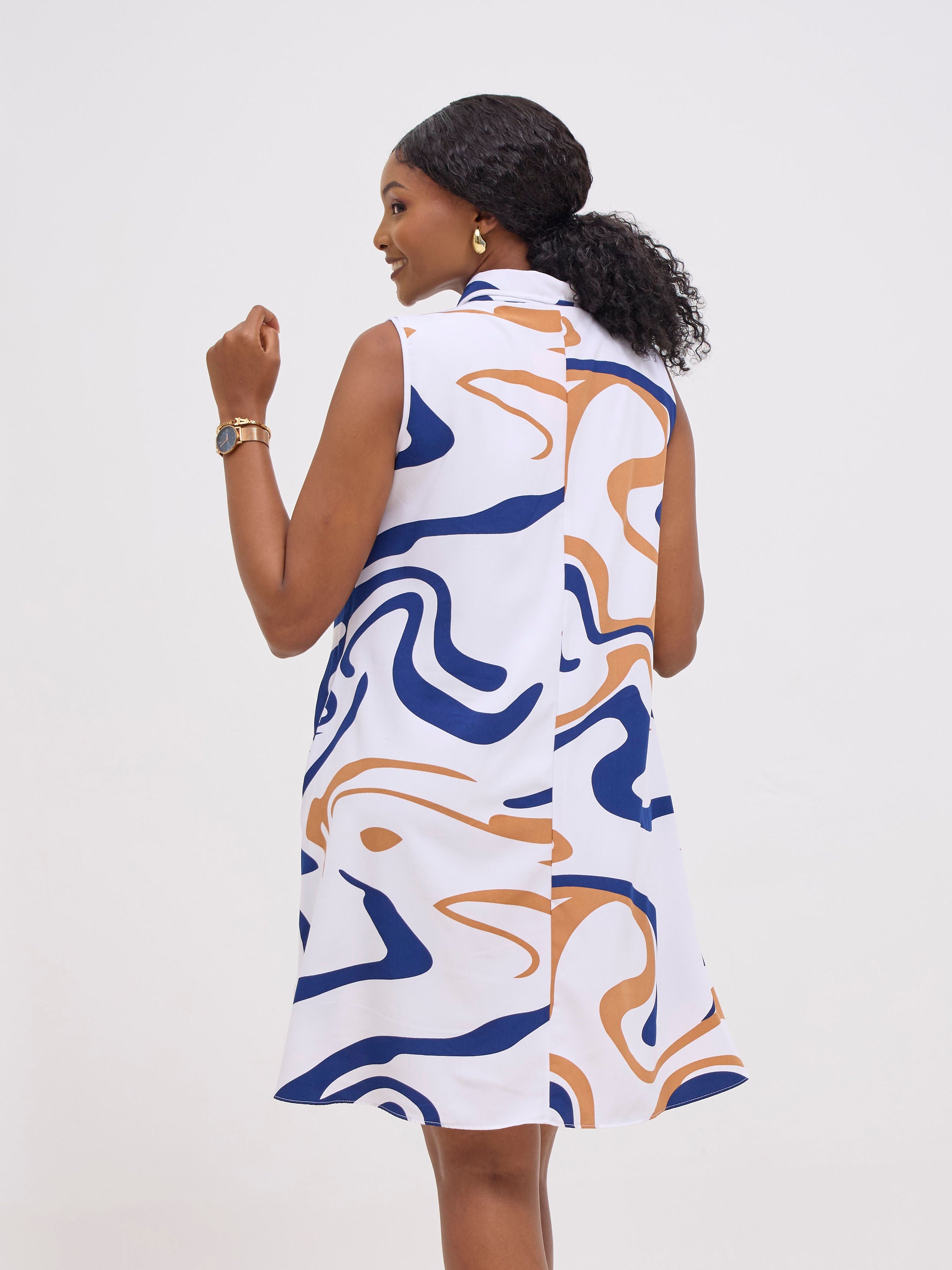 Vivo Asha Sleeveless Knee Length Dress - White / Navy Print