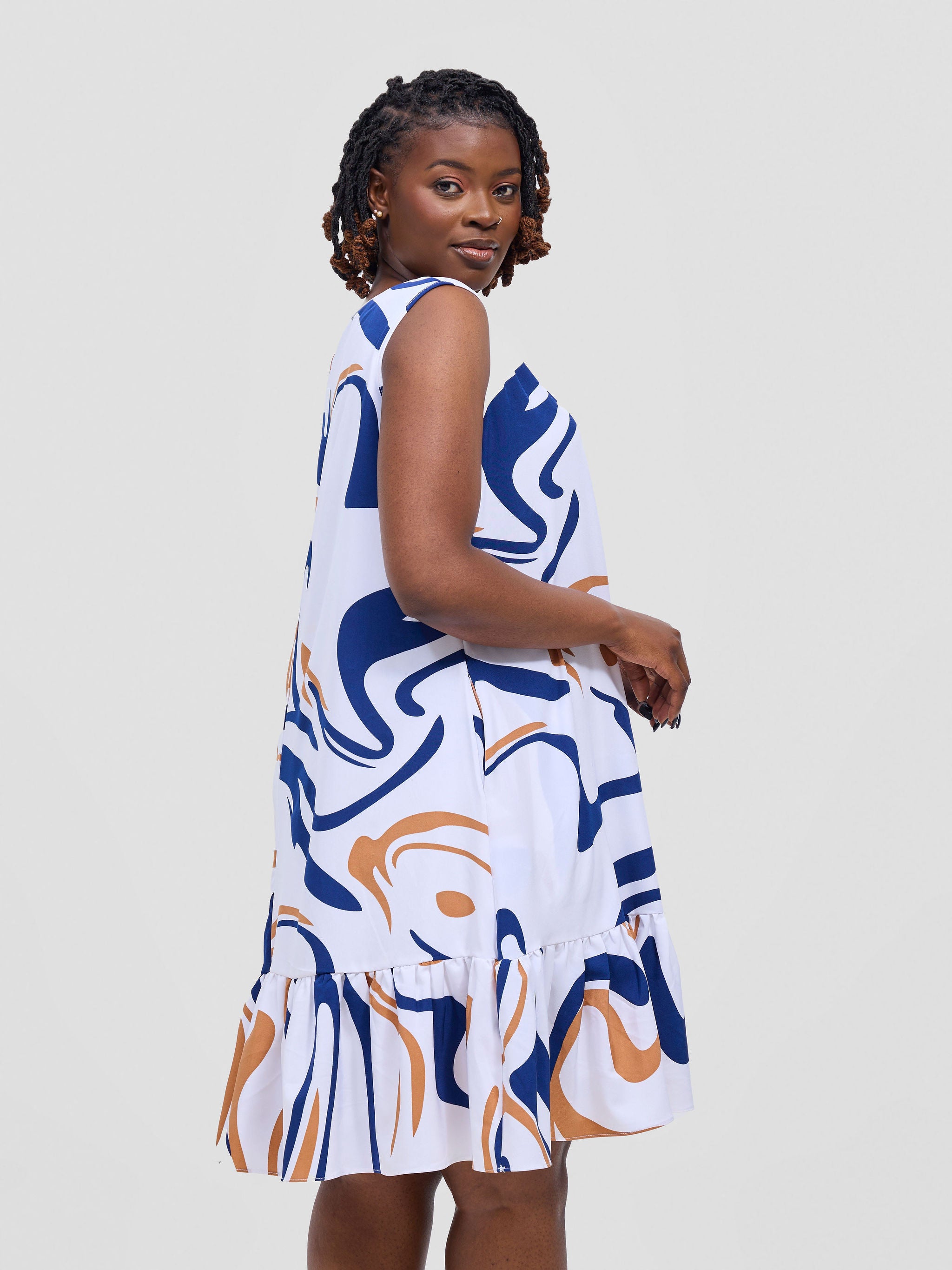 Vivo Dalia Sleeveless Gathered Tent Dress - White / Navy Print