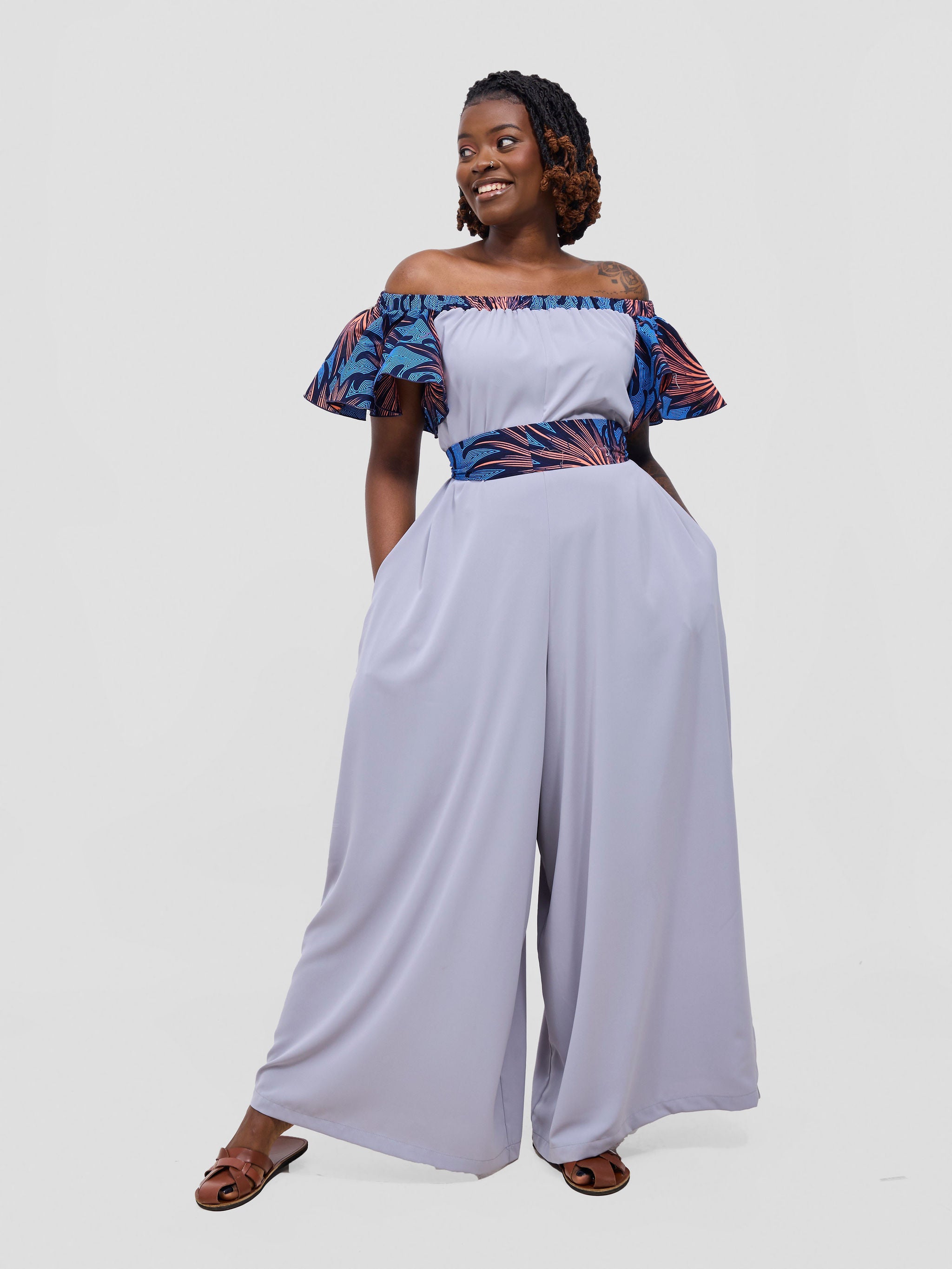Vivo Fara Off Shoulder Flounce Sleeve Jumpsuit - Light Grey