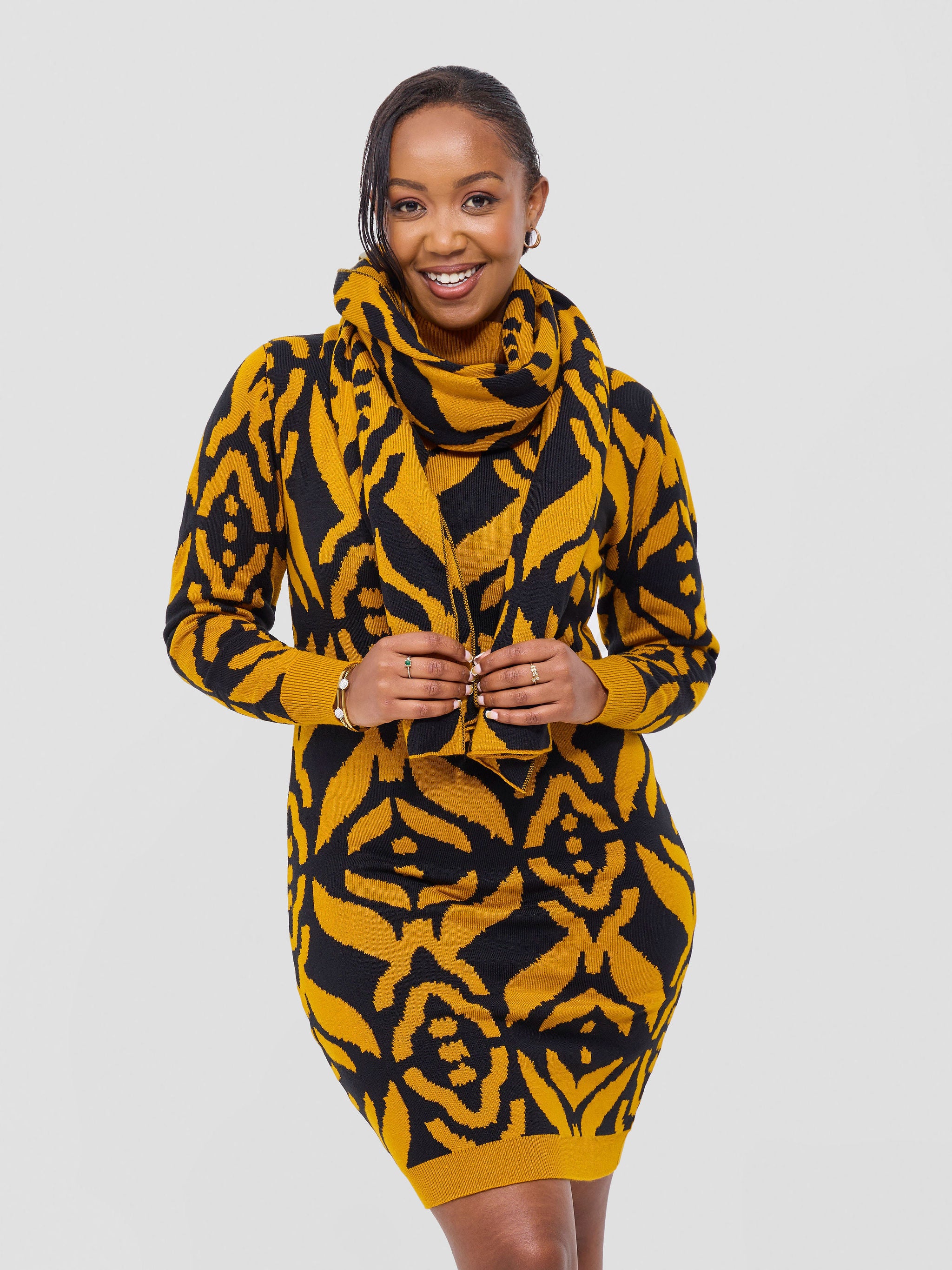 Vivo Lalani Turtle Neck Sweater Dress - Mustard / Black Ukwi Print