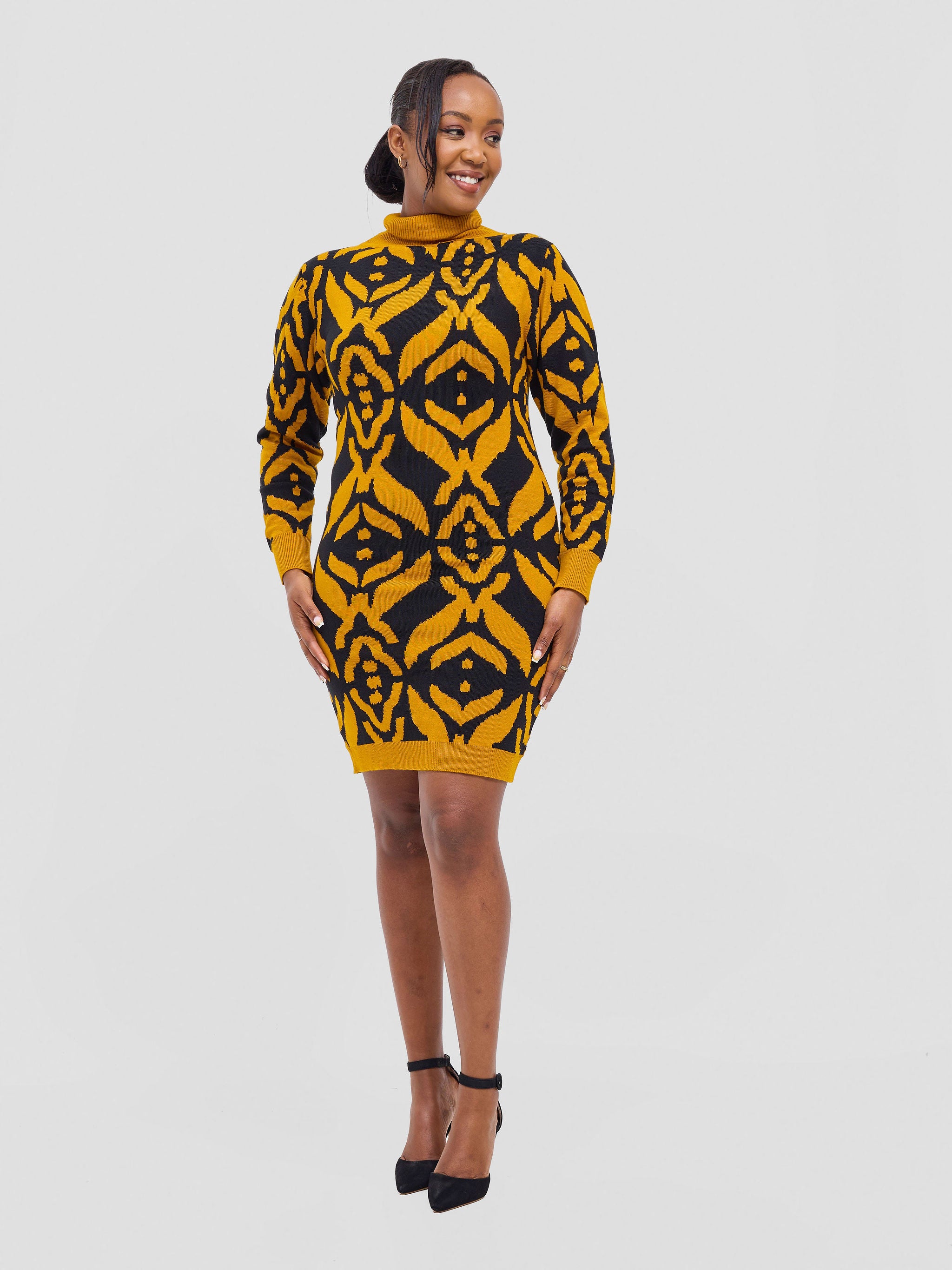 Vivo Lalani Turtle Neck Sweater Dress - Mustard / Black Ukwi Print