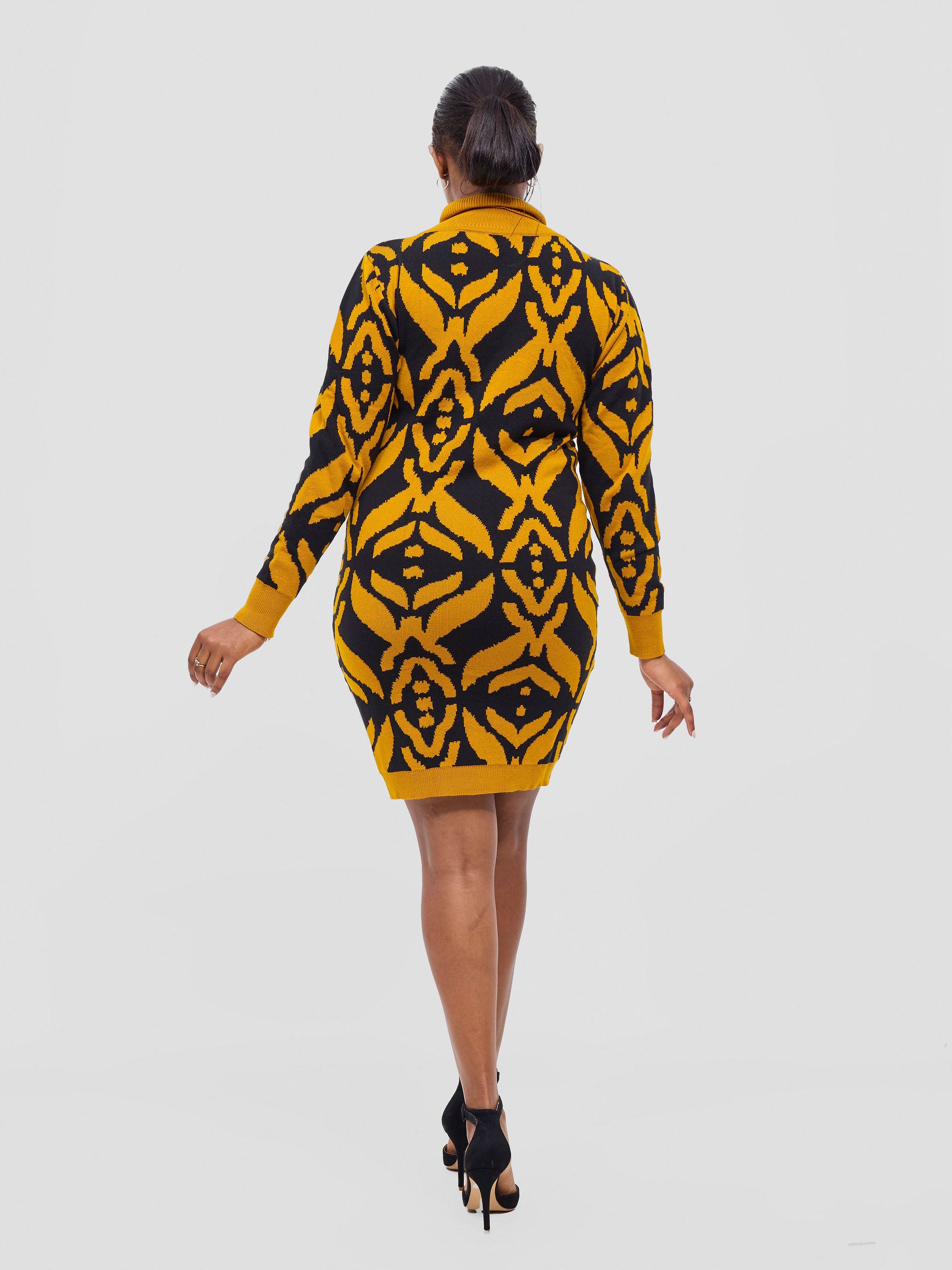 Vivo Lalani Turtle Neck Sweater Dress - Mustard / Black Ukwi Print