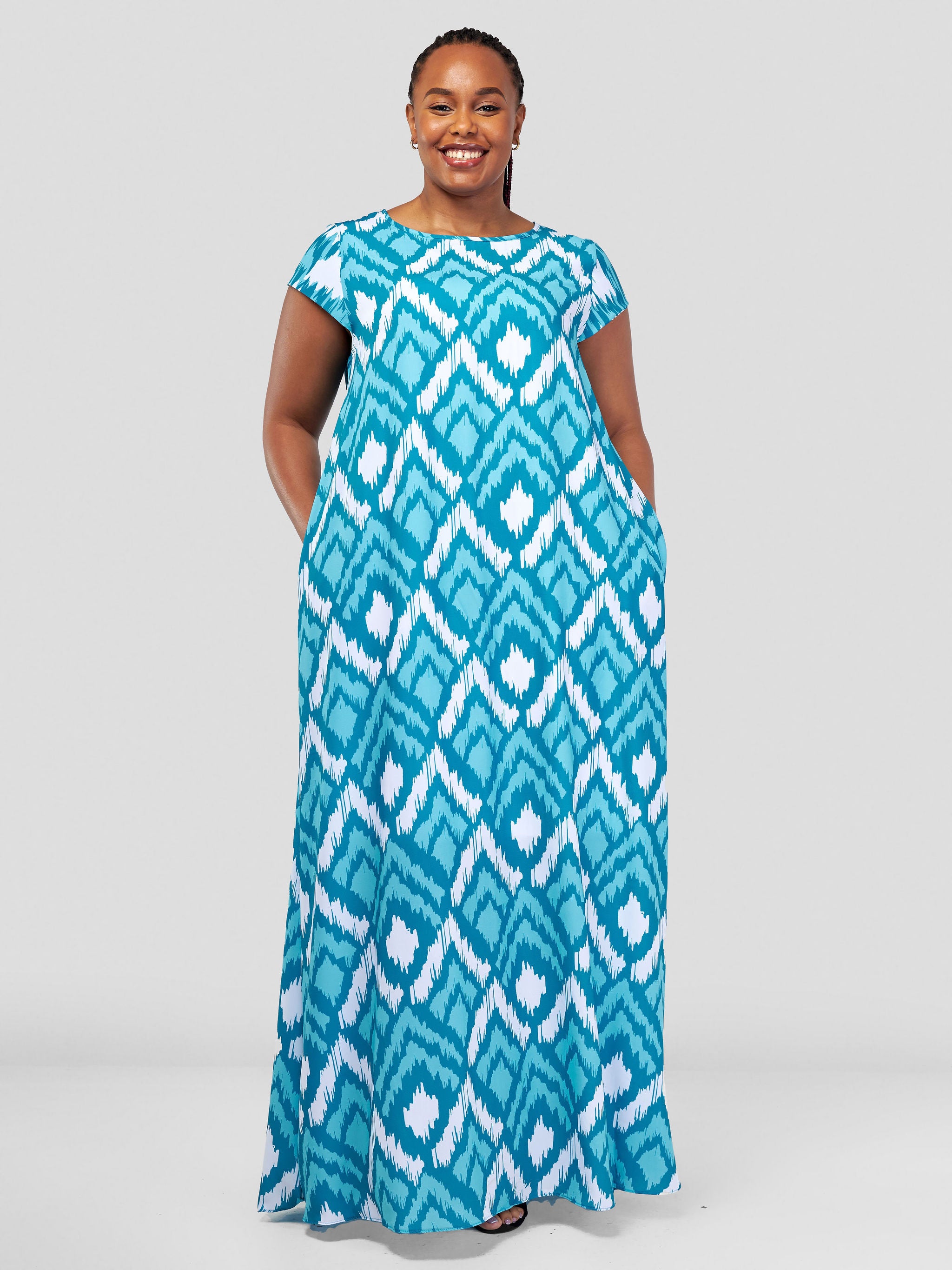 Vivo Basic Cap Sleeved Tent Maxi Dress - Teal / White Ikat Abstract Print