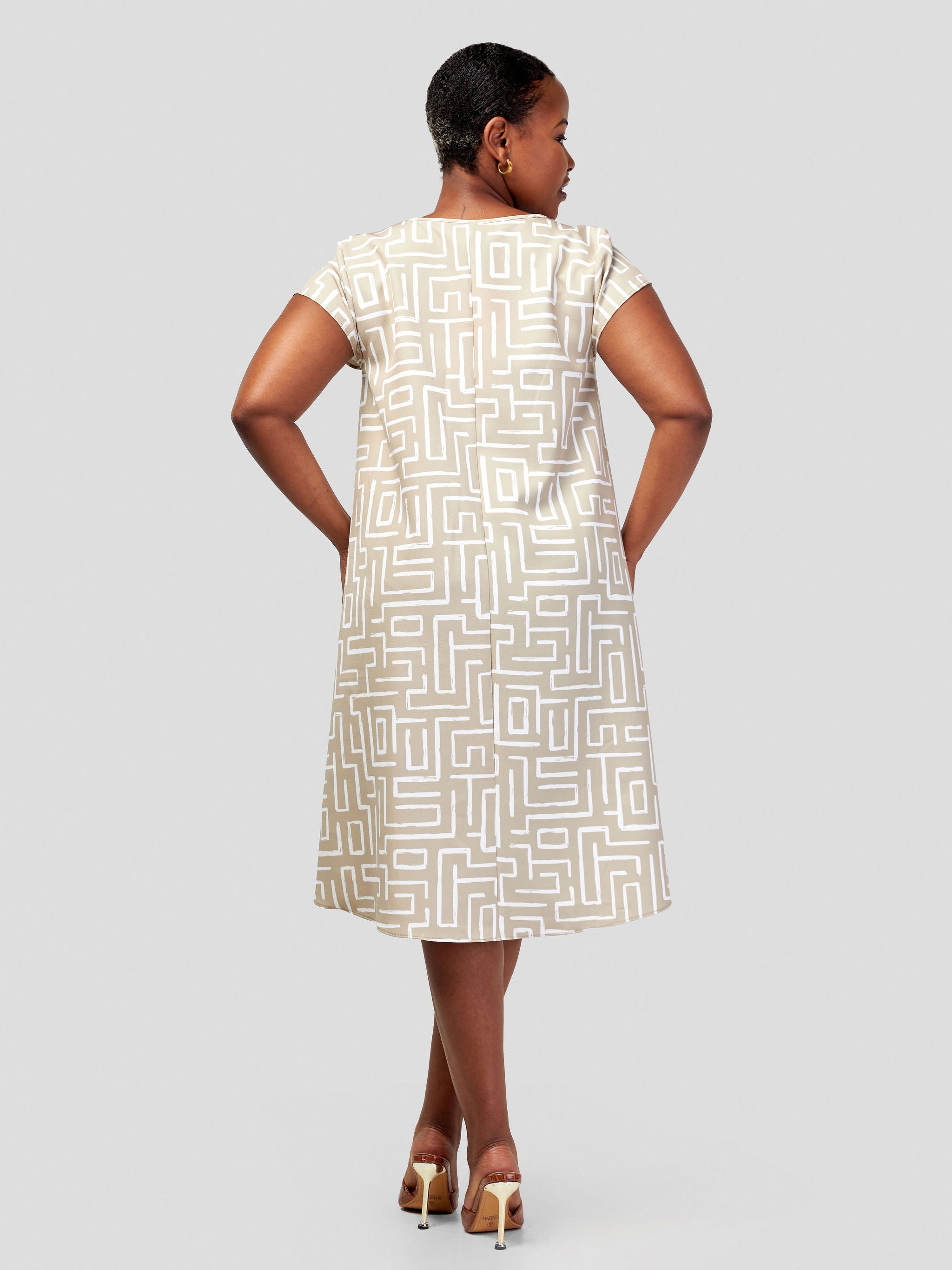 Vivo Fahari Cap Sleeve Tent Dress - Taupe / White Abstract Print