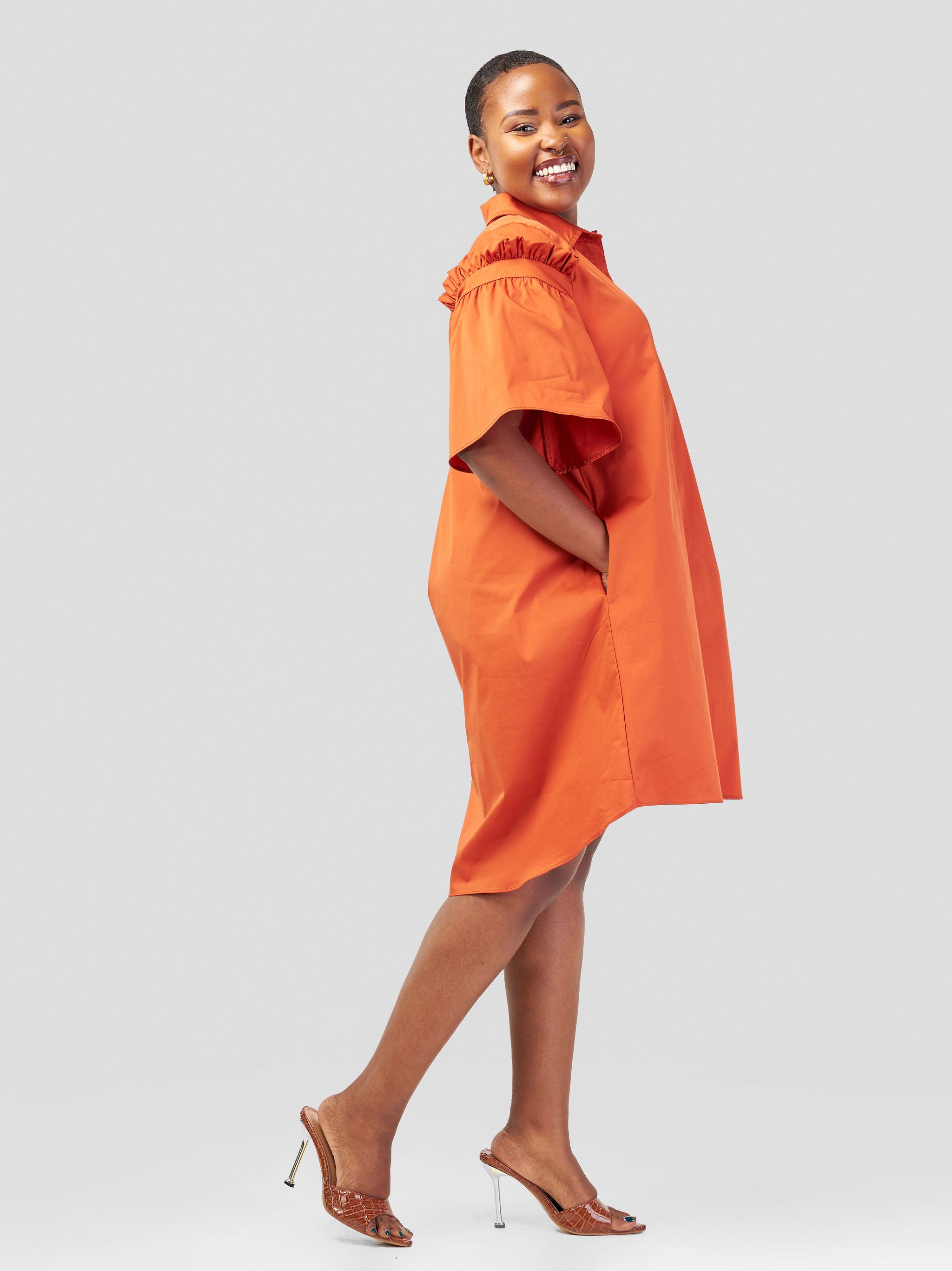 Safari Mali Gathered Flounce Sleeve Shirt Dress - Rust