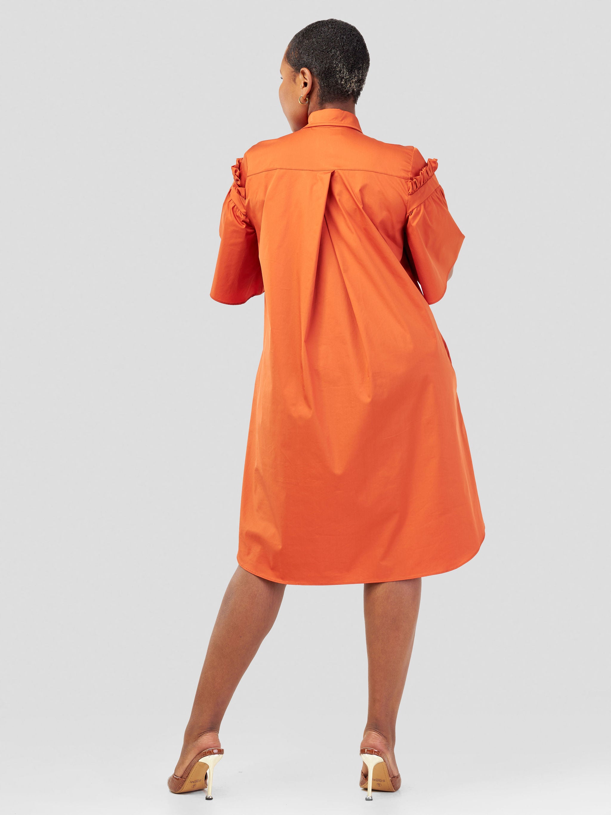 Safari Mali Gathered Flounce Sleeve Shirt Dress - Rust
