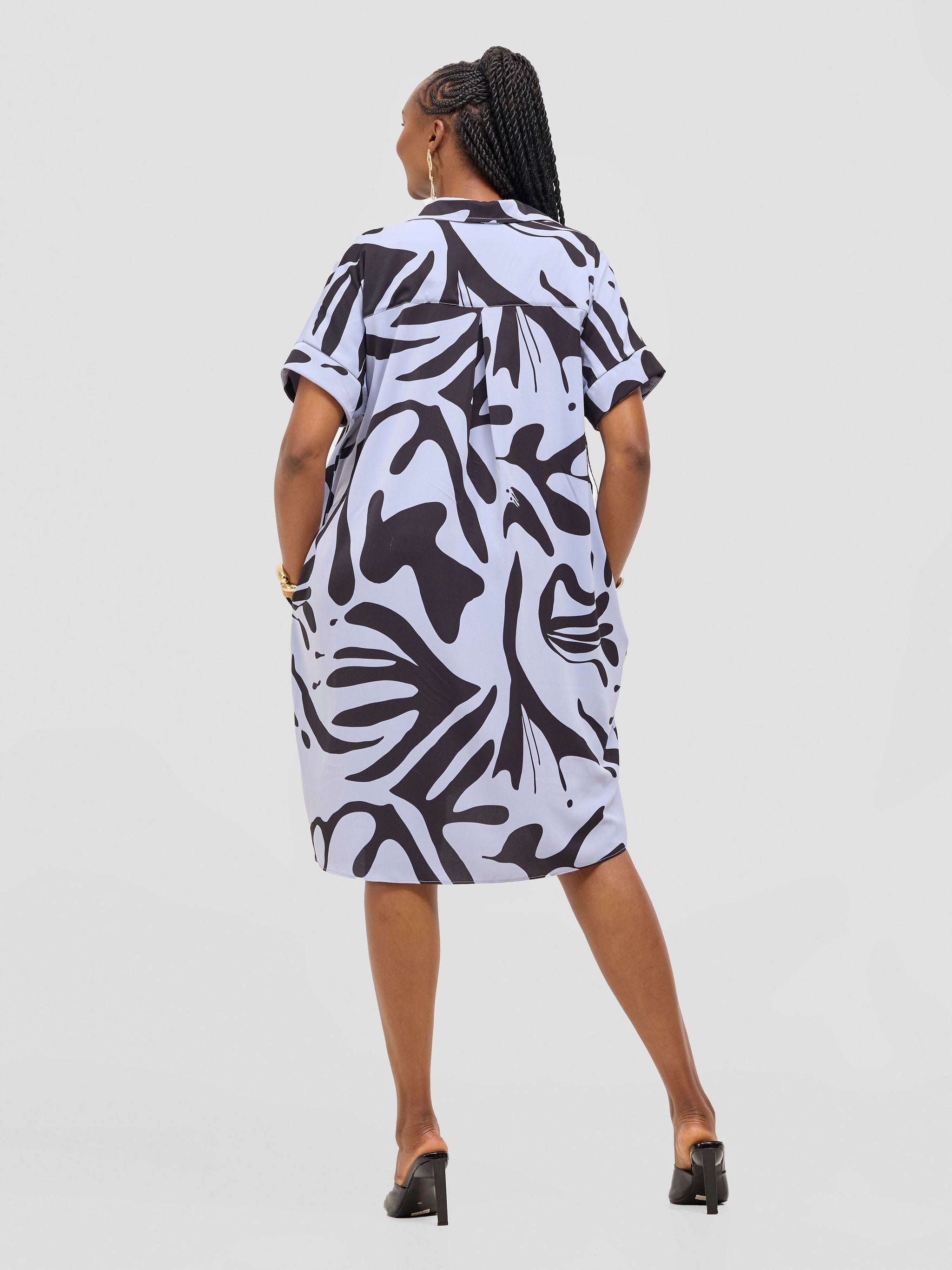 Vivo Reba Drop Shoulder Shirt Dress - Light Blue / Black Zari Print