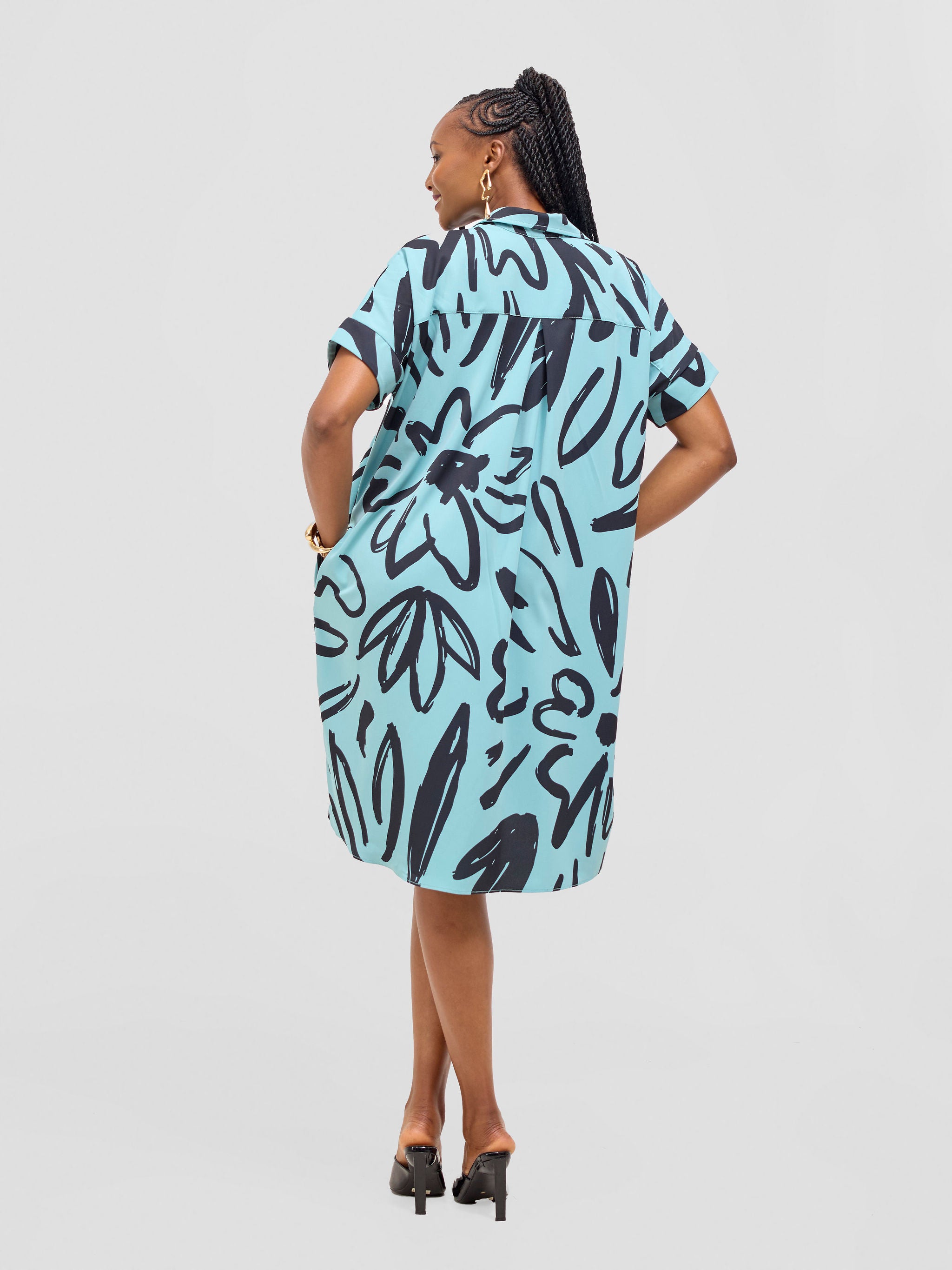 Vivo Reba Drop Shoulder Shirt Dress - Mint / Black Zari Print