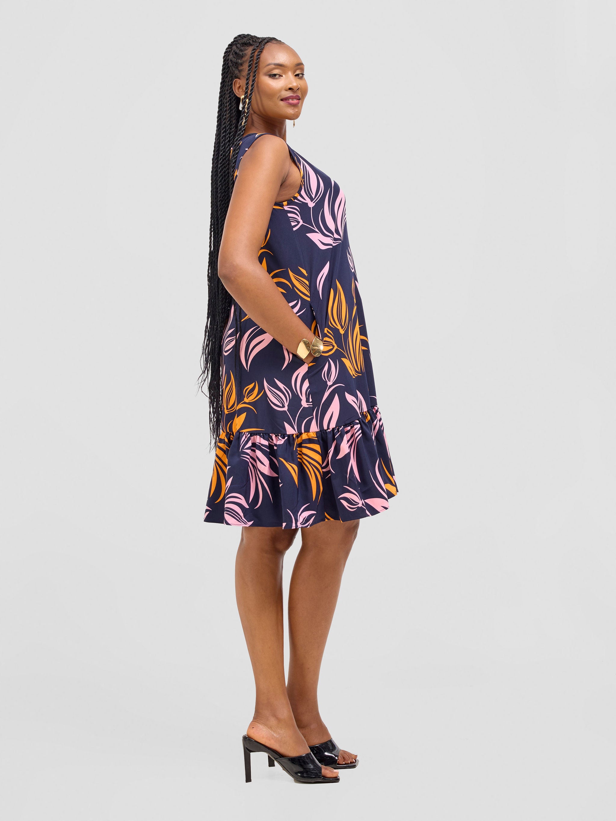 Vivo Dalia Sleeveless Gathered Tent Dress - Navy / Pink Print