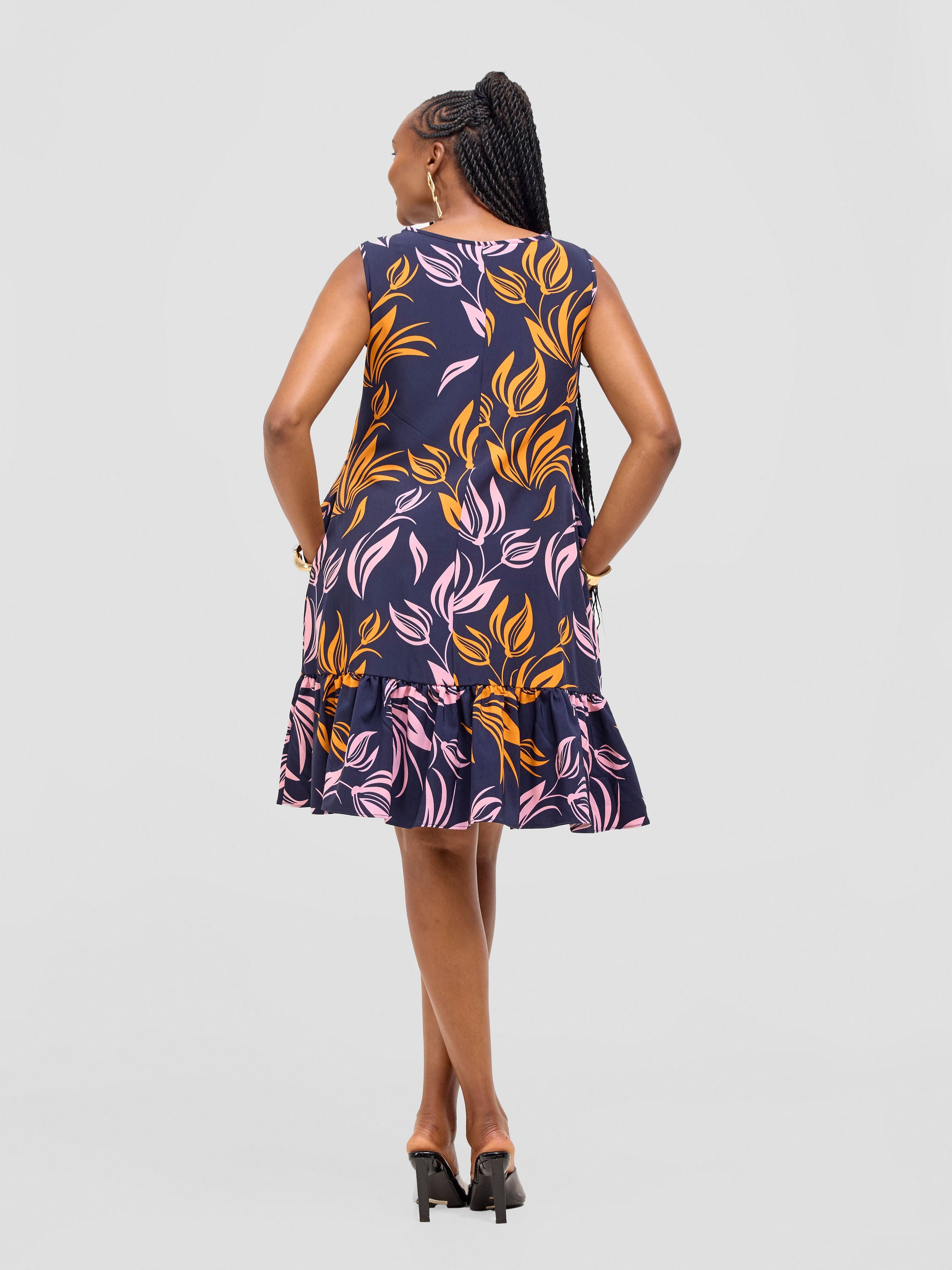 Vivo Dalia Sleeveless Gathered Tent Dress - Navy / Pink Print