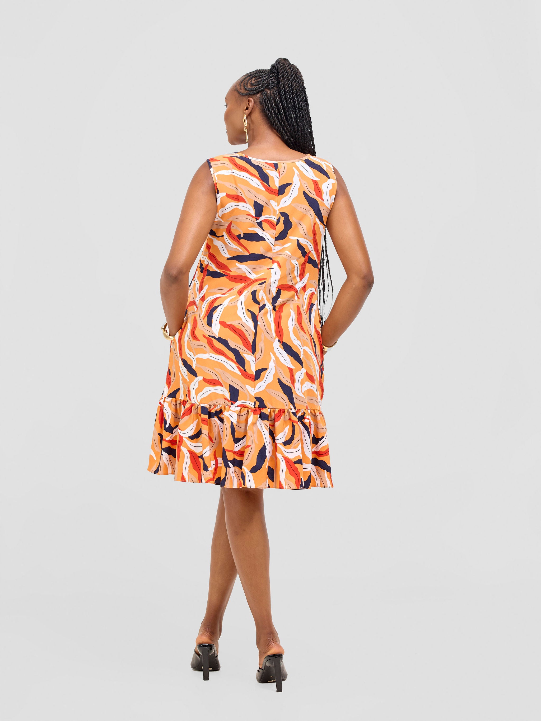 Vivo Dalia Sleeveless Gathered Tent Dress - Orange / Red Print