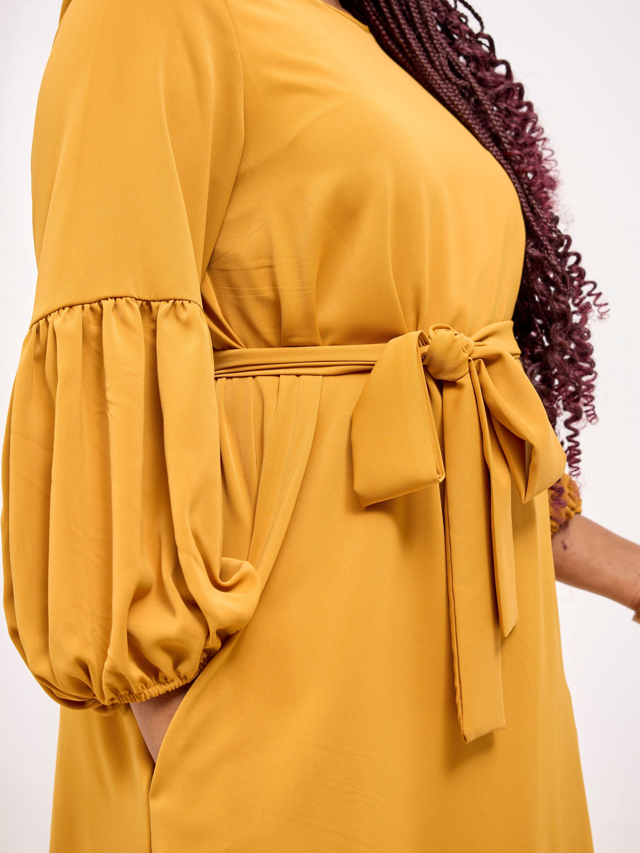 Vivo Zena Bishop Panel Long Sleeve Round Neck Dress - Mustard