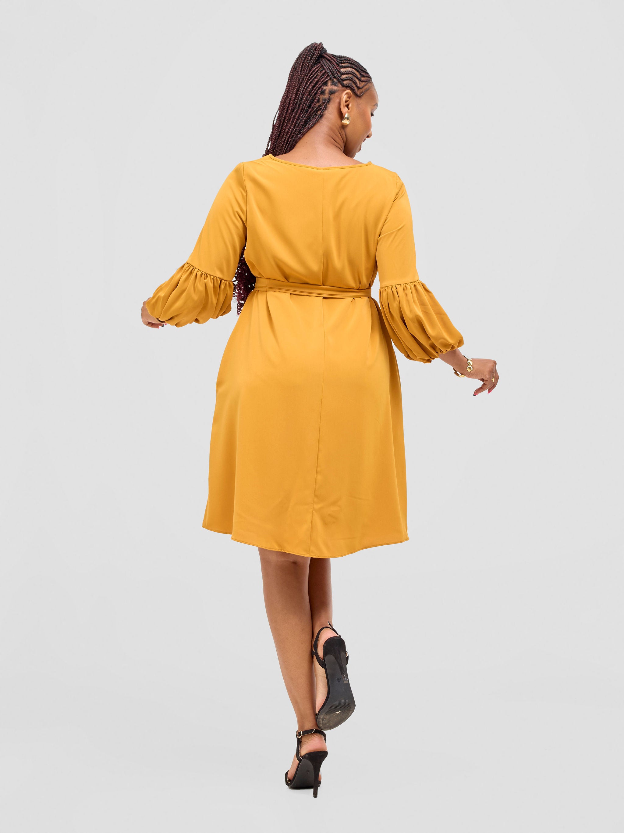 Vivo Zena Bishop Panel Long Sleeve Round Neck Dress - Mustard