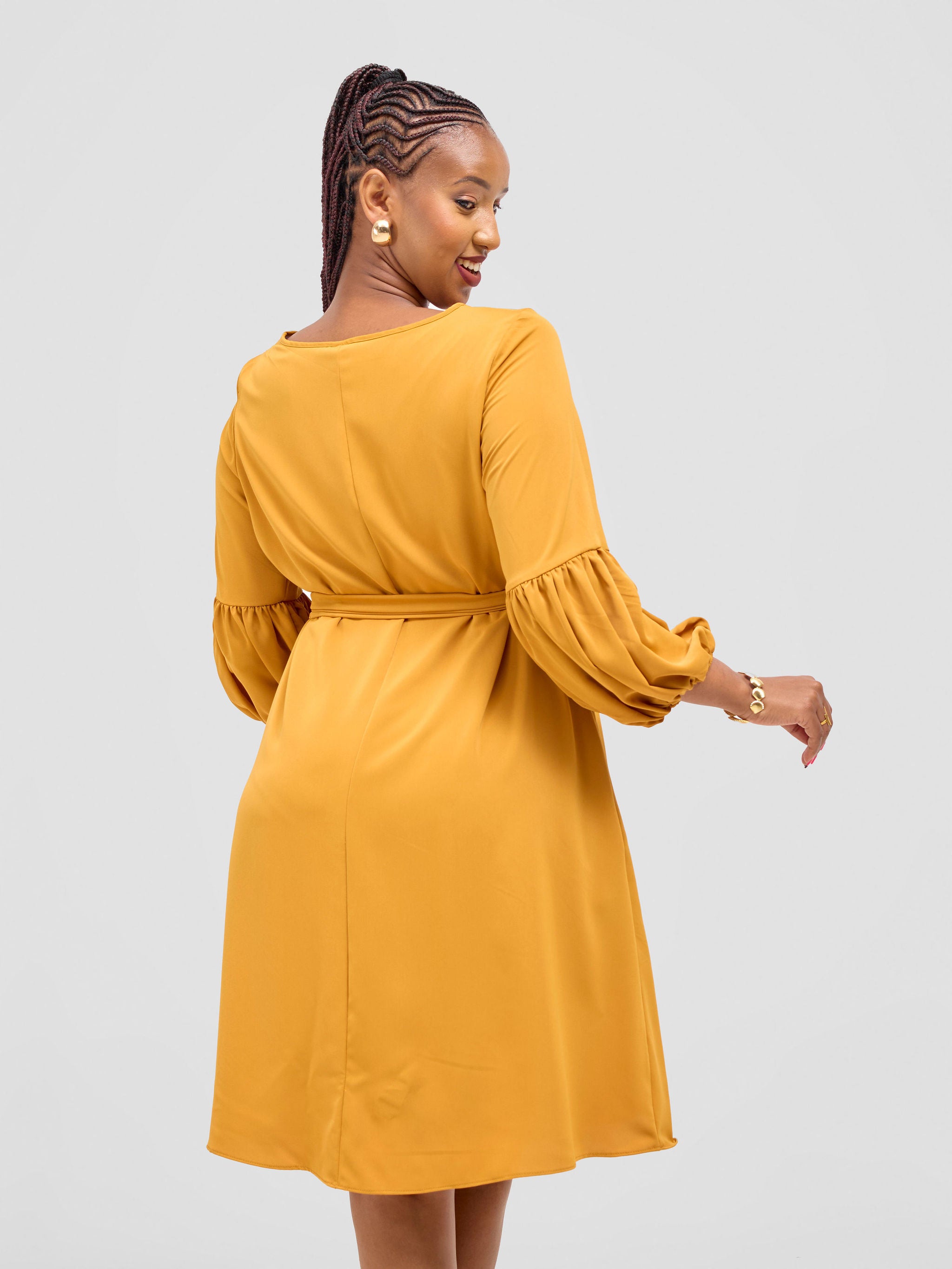 Vivo Zena Bishop Panel Long Sleeve Round Neck Dress - Mustard