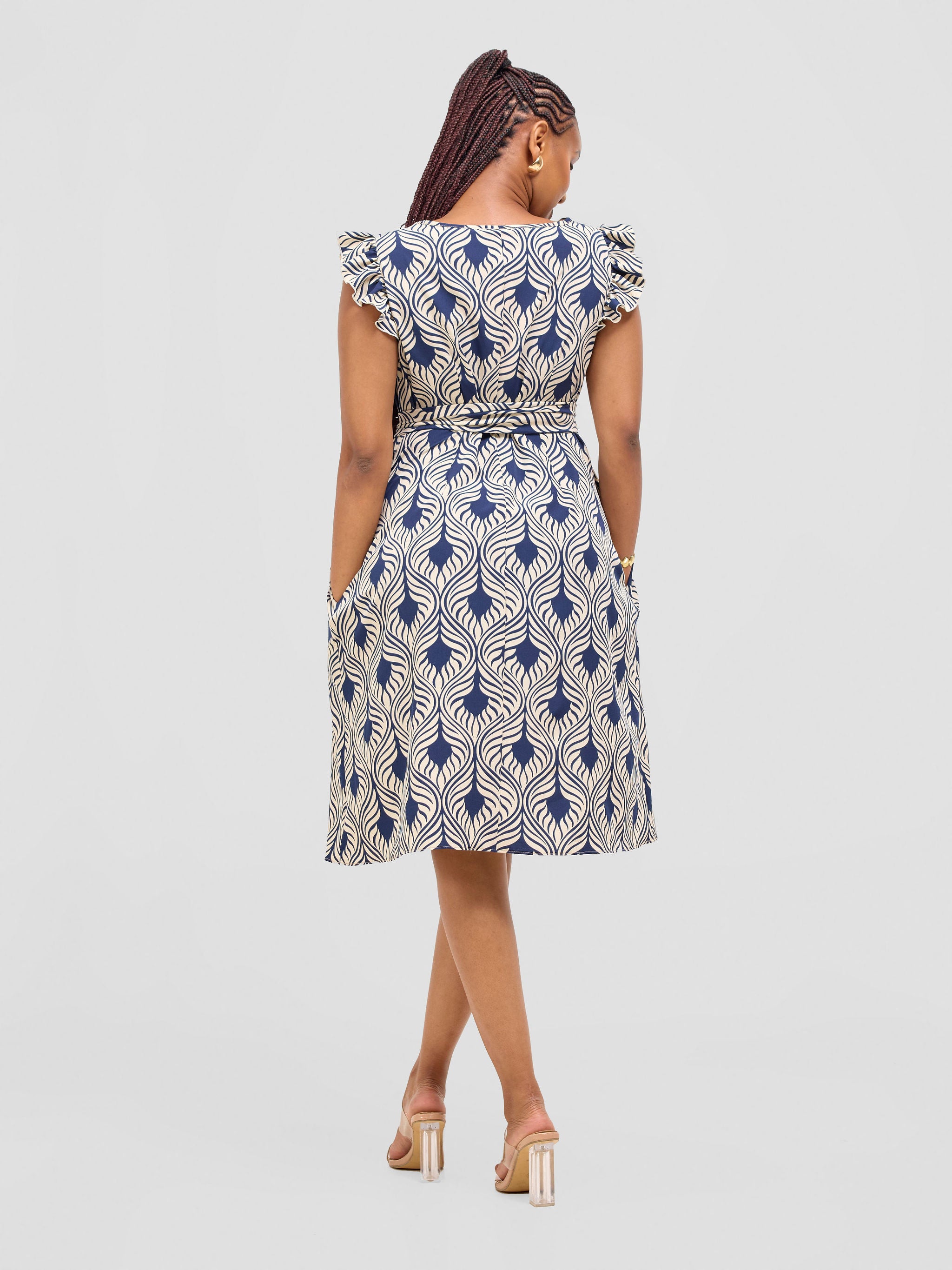 Vivo Nasinka A-line Knee Length Dress - Cream / Navy Sika Print